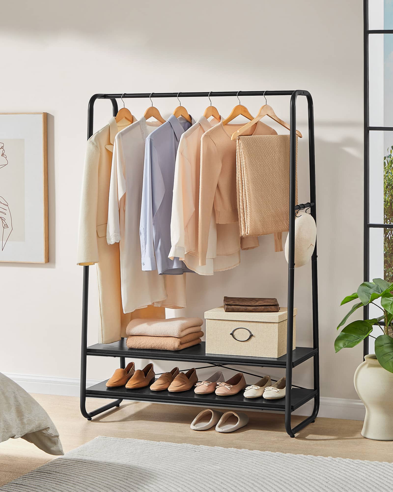 Kleiderständer mit 2 Ablagen ebenholzschwarz-mattschwarz