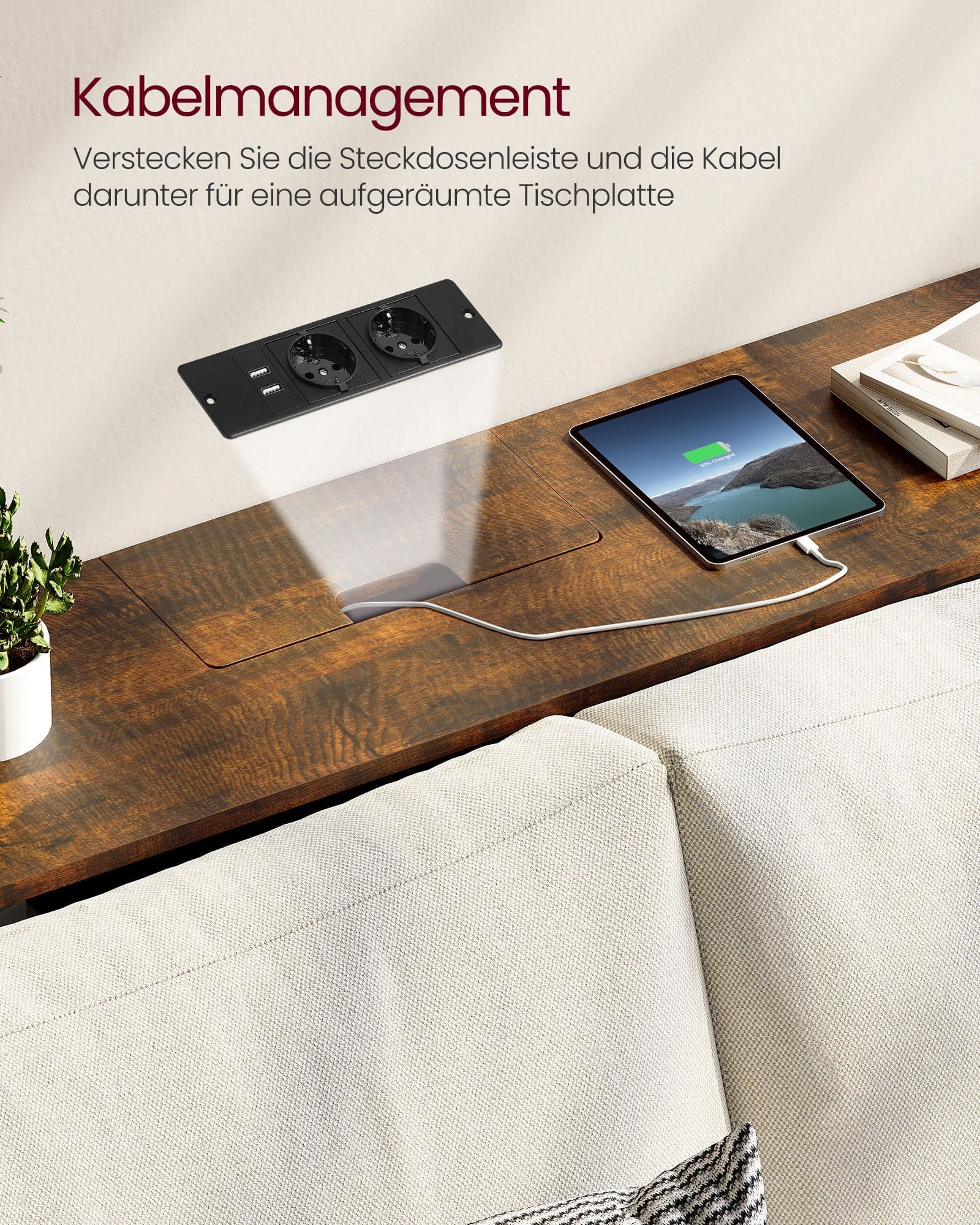 Konsolentisch mit Steckdosen platzsparend vintagebraun-tintenschwarz Konsolentisch mit Steckdosen platzsparend vintagebraun-tintenschwarz