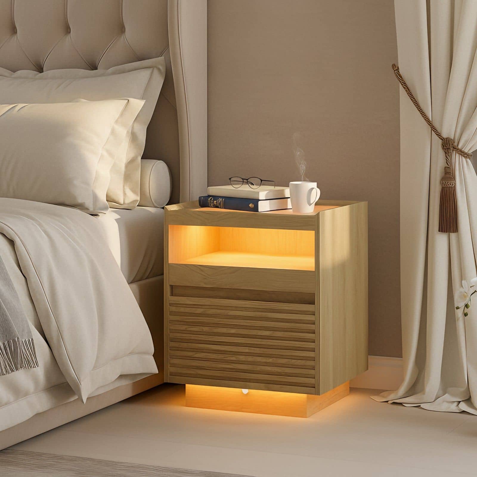 Nachttisch mit LED-Beleuchtung, Beistelltisch, Schublade Nachttisch mit LED-Beleuchtung, Beistelltisch, Schublade