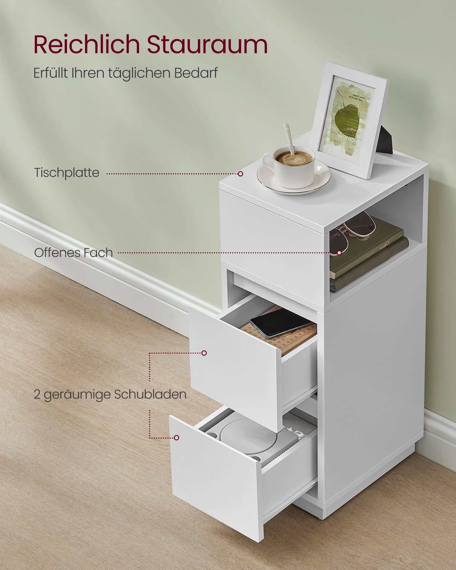 Schmaler Nachttisch mit 2 Schubladen wolkenweiß Schmaler Nachttisch mit 2 Schubladen wolkenweiß