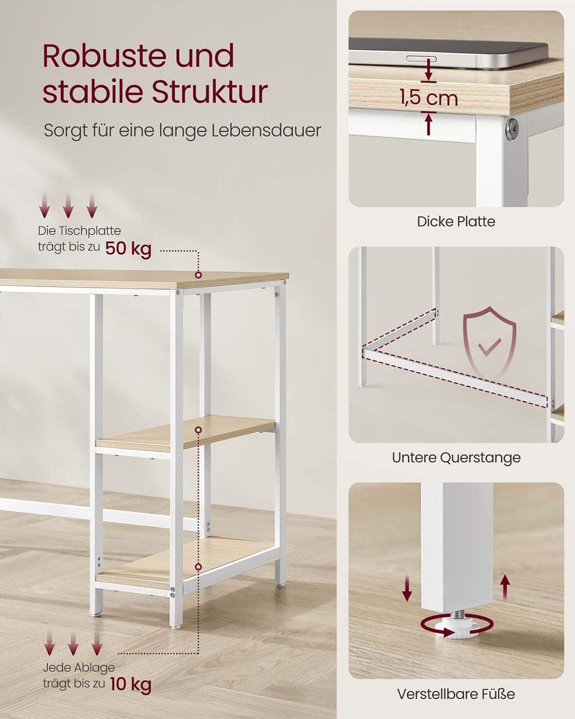 Bürotisch 100 x 50 x 76 cm naturbeige-perlweiß