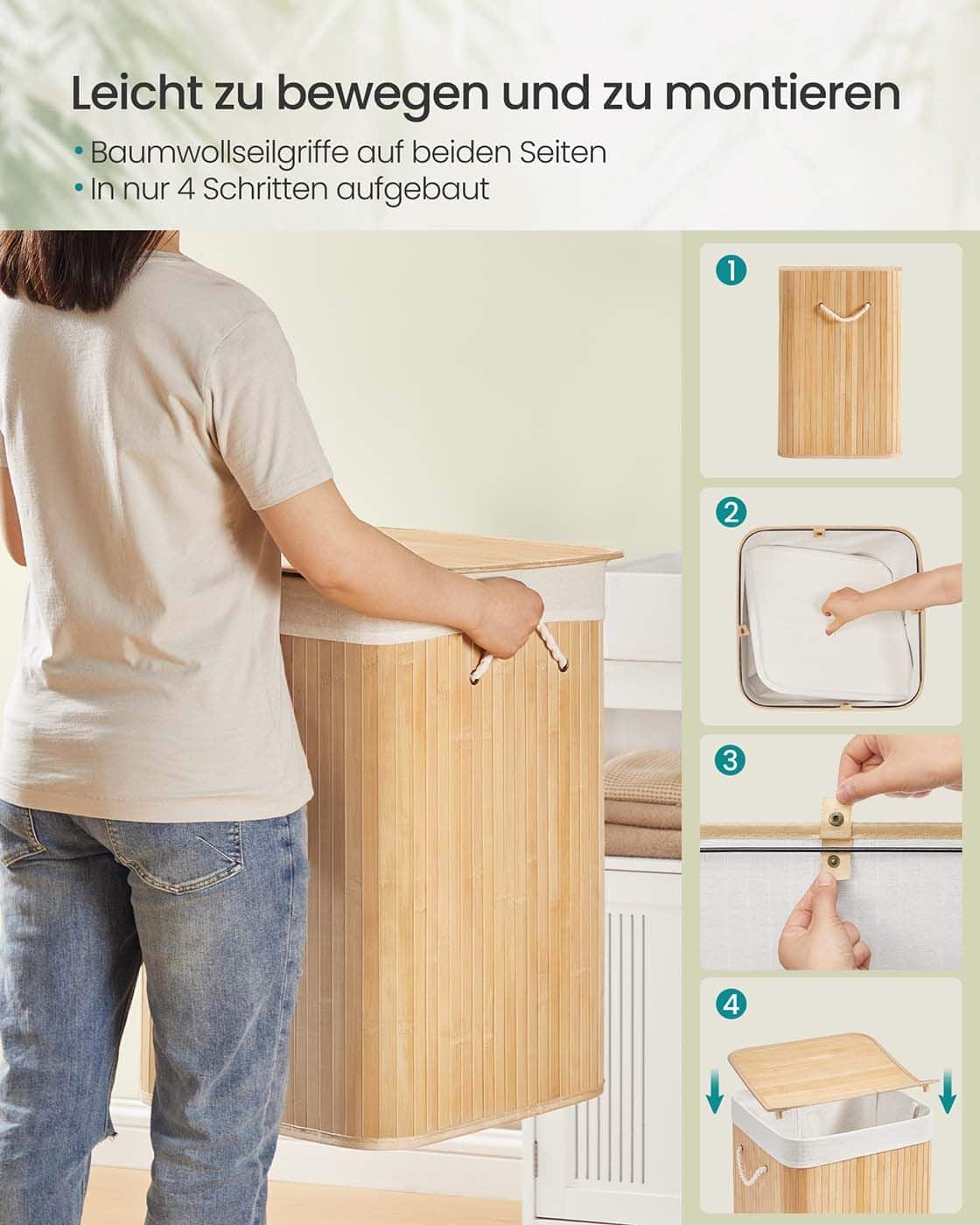 Wäschekorb aus Bambus mit Deckel und Griffen Naturfarben