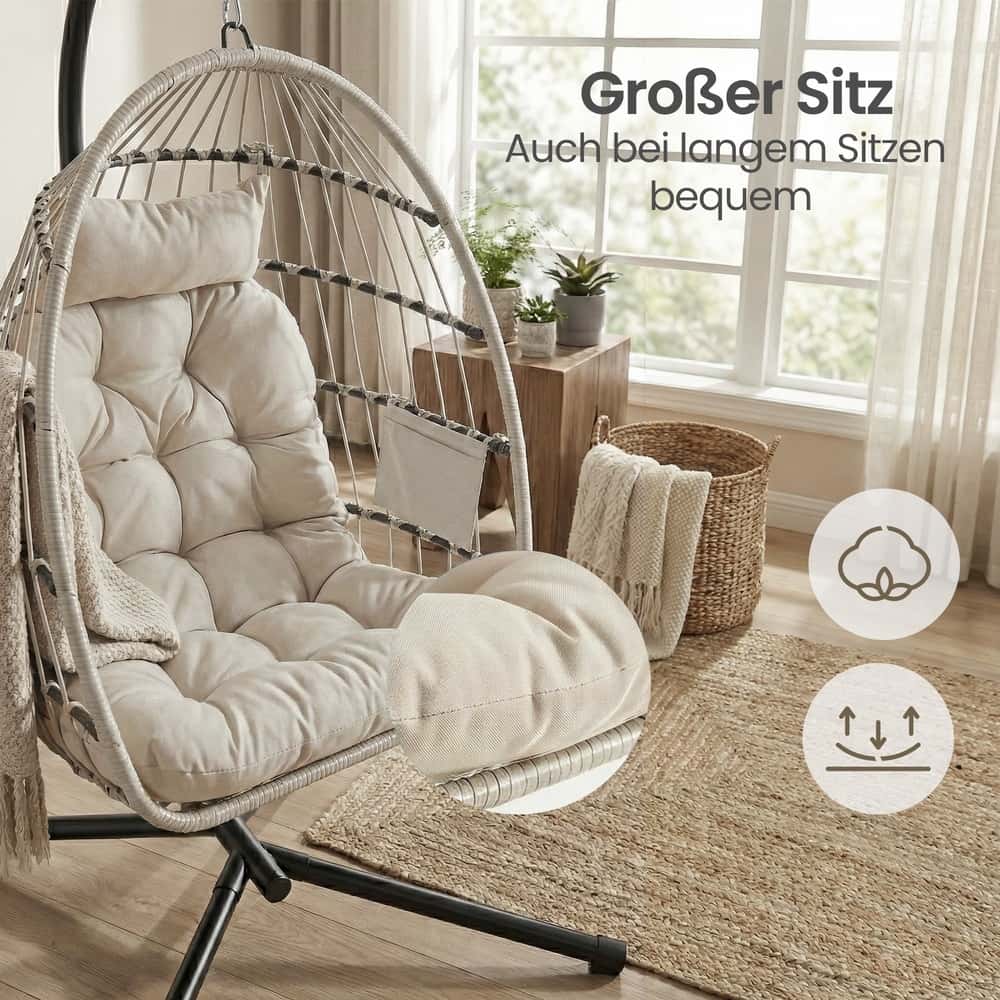 Schaukelstuhl mit Gestell, klappbarer Korbsessel höhenverstellbar, Hängeschaukel für Garten Balkon