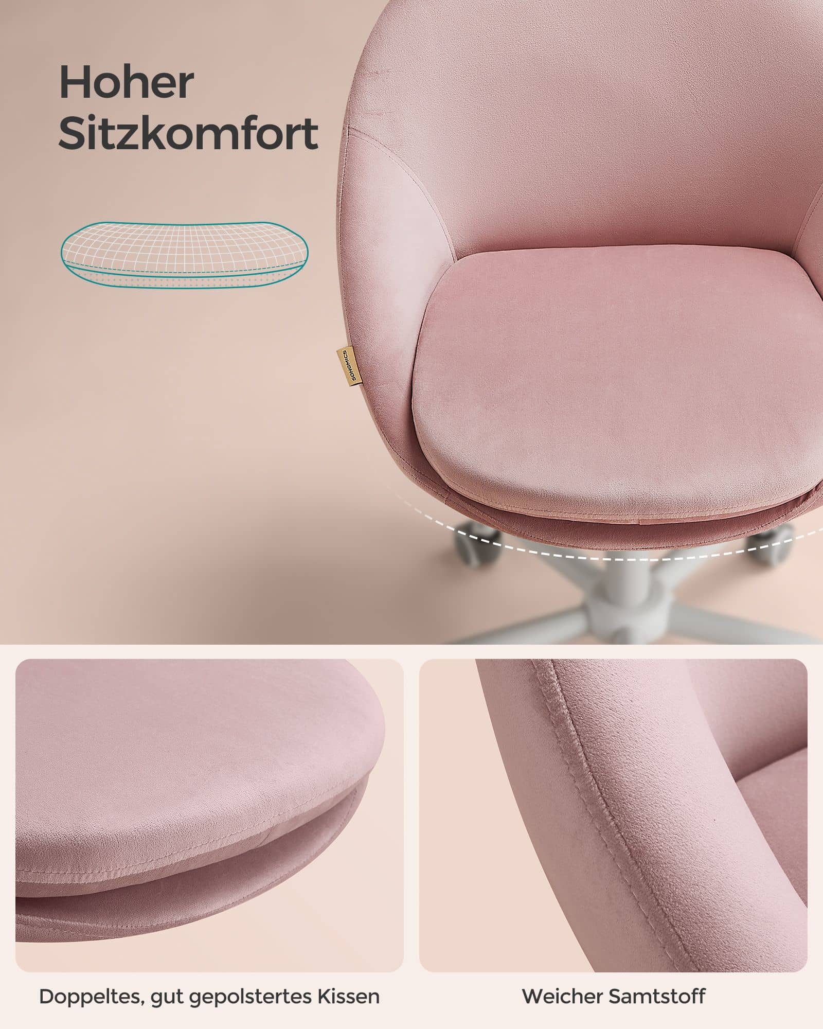Bürostuhl aus Samt höhenverstellbar und pastellrosa-OBG020R02 Bürostuhl aus Samt höhenverstellbar und pastellrosa-OBG020R02