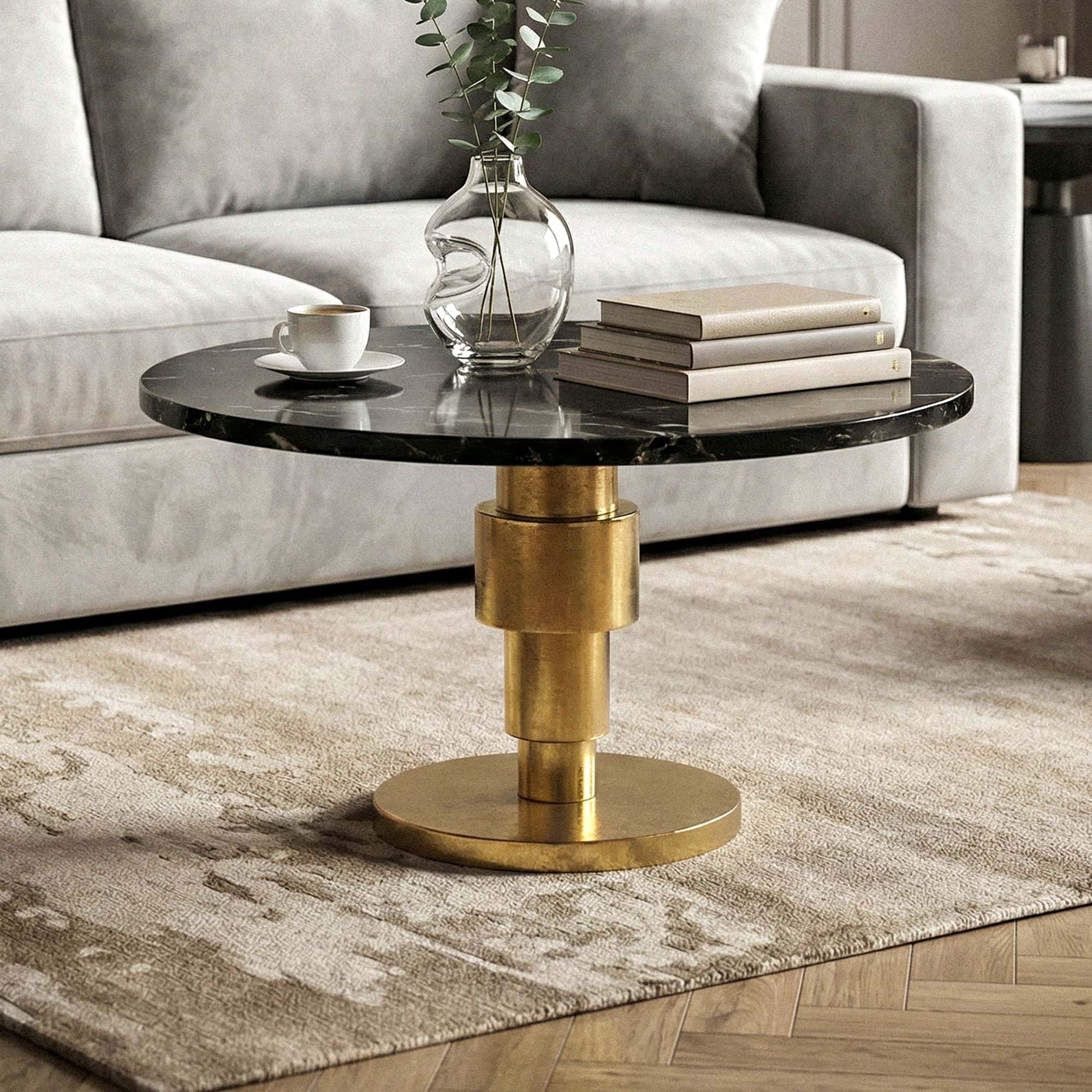 Couchtisch Gold 60cm mit schwarzer Marmor Tischplatte - Wohnzimmertisch rund - Sofatisch Alu modern - Beistelltisch Aluminium - Design Tisch Wohnzimmer Metallgestell Handmade