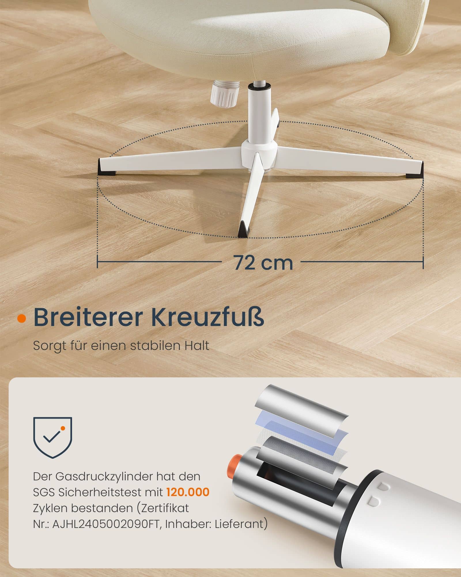 Bürostuhl mit breiter Sitzfläche und Kreuzfuß beige Bürostuhl mit breiter Sitzfläche und Kreuzfuß beige