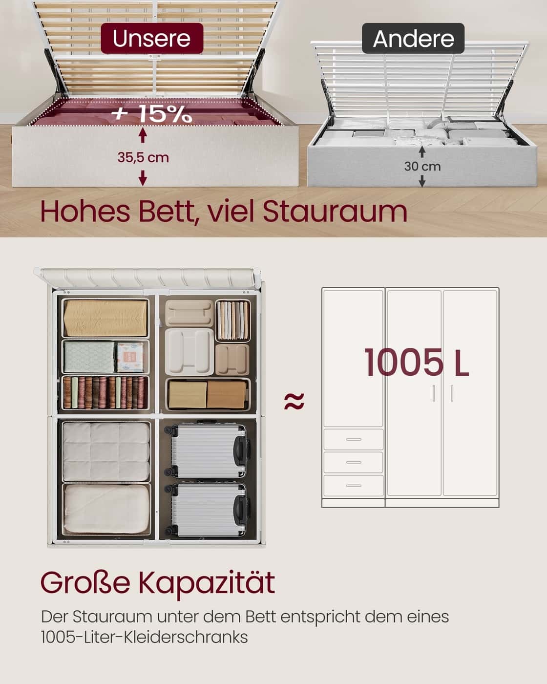 Bettgestell 160 x 200 cm mit Unterbettaufbewahrung Kopfteil cappuccinobeig Bettgestell 160 x 200 cm mit Unterbettaufbewahrung Kopfteil cappuccinobeig