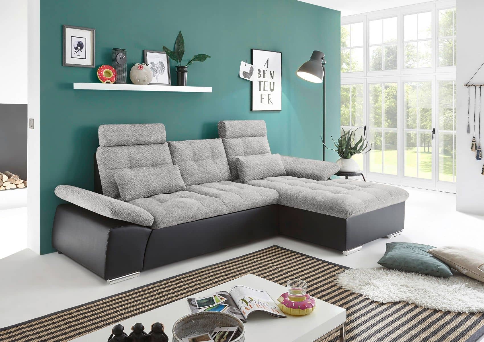 Ecksofa Jakarta Schwarz | Silber – Modernes Sofa mit Schlaffunktion & verstellbaren Armlehnen
