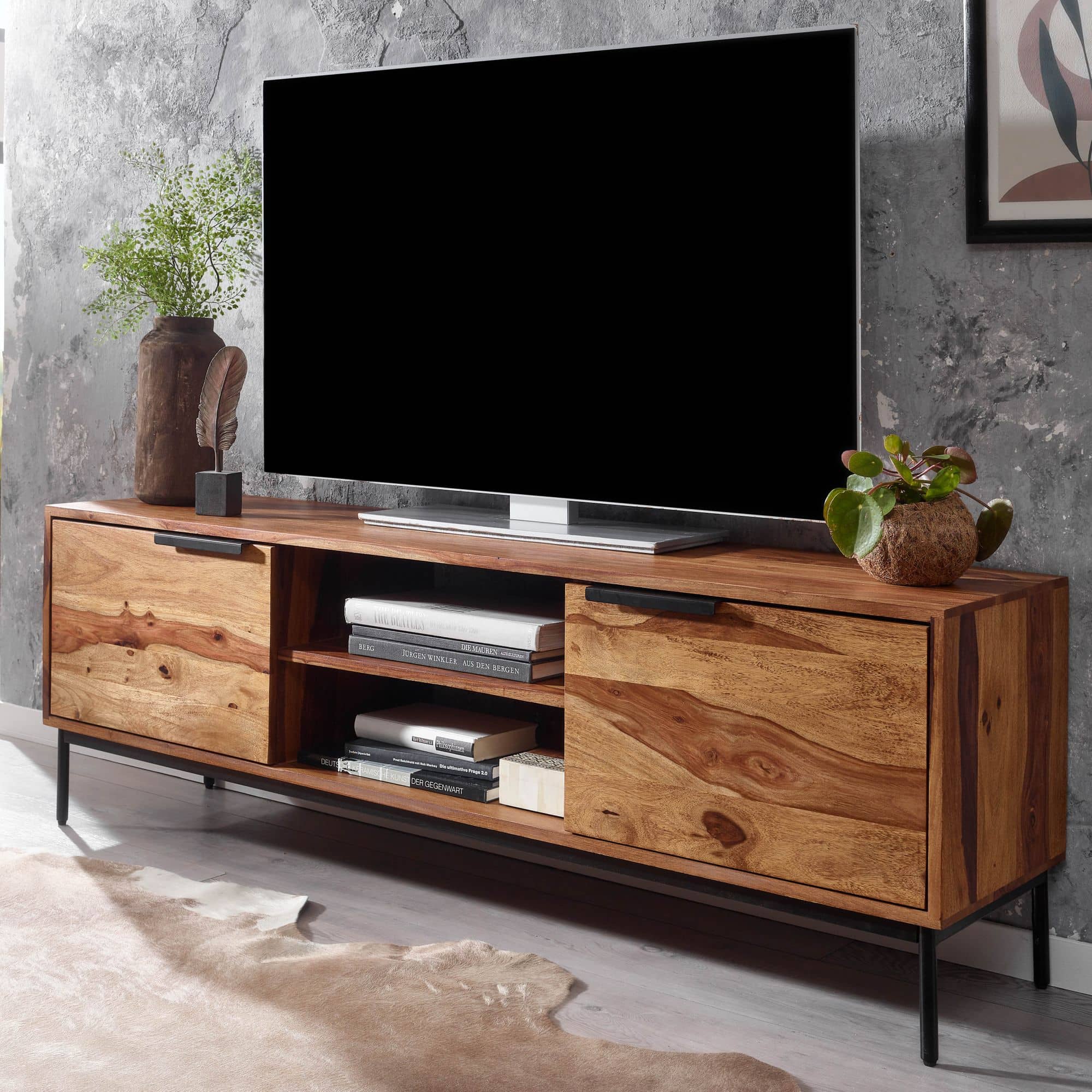 64614-Wohnling-TV-Board-147x50x38-cm-Sheesham-WL6-552-WL6-552_1 Lowboard Sheesham Massivholz 147x51x38 cm TV-Kommode mit zwei Türen