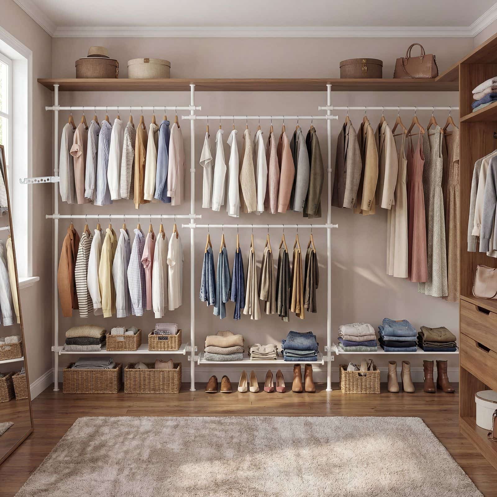 3-stufiger Kleiderständer, höhen- und breitenverstellbar, offene Garderobe mit 6 Kleiderstangen und 3 Ablagen 3-stufiger Kleiderständer, höhen- und breitenverstellbar, offene Garderobe mit 6 Kleiderstangen und 3 Ablagen