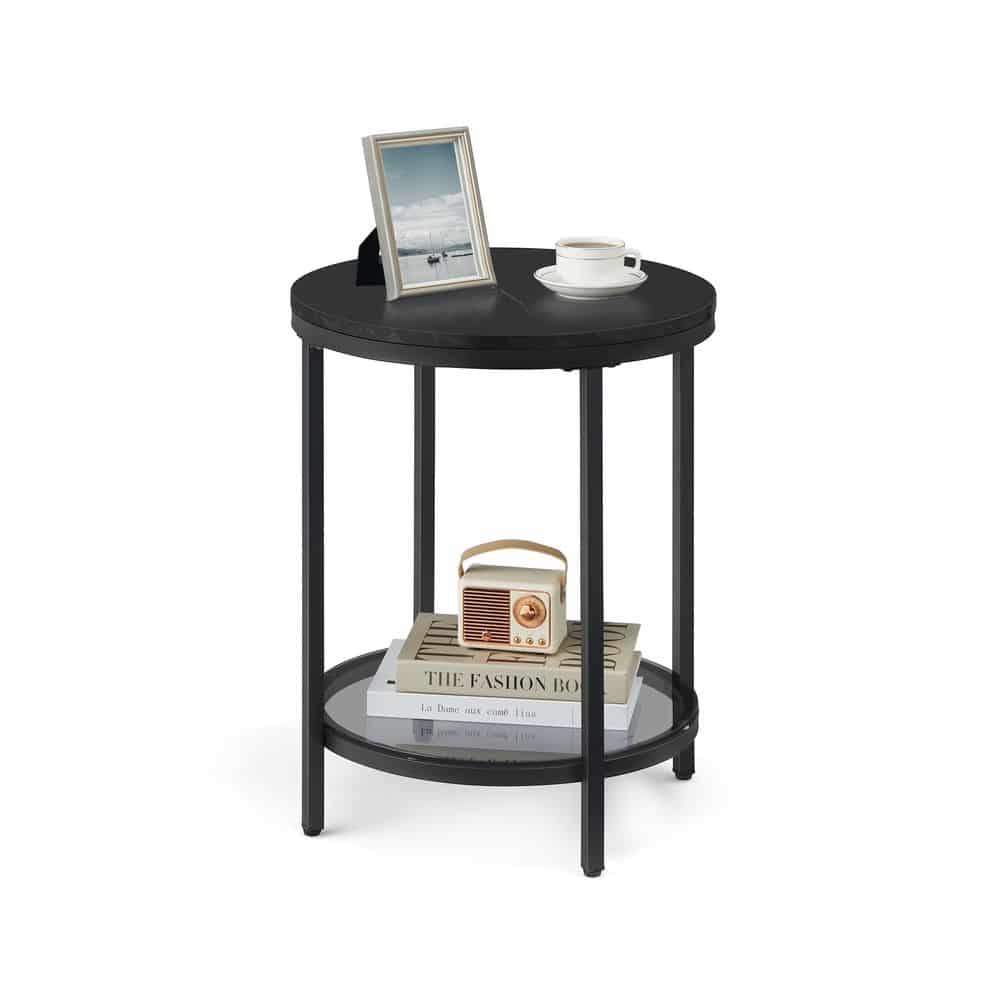 Beistelltisch 2 Ebenen in weißer Marmoroptik mit schwarzem Gestell Marmorschwarz-Tintenschwarz