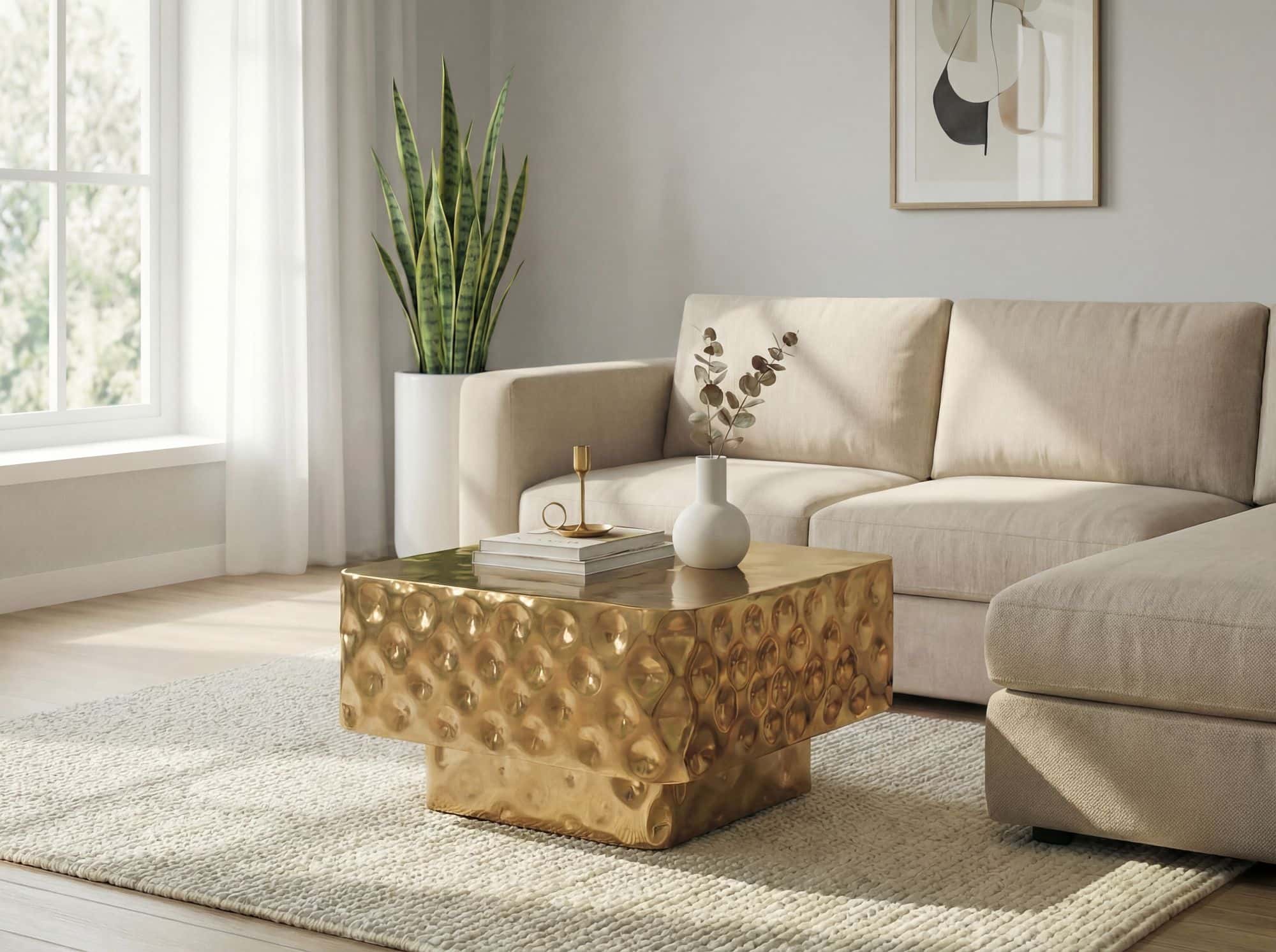 Couchtisch Aluminium Quadratisch 60cm Gold - Design Wohnzimmertisch Gehämmert - Moderner Loungetisch - Sofatisch Hammerschlag - Beistelltisch Wohnzimmer Handmade