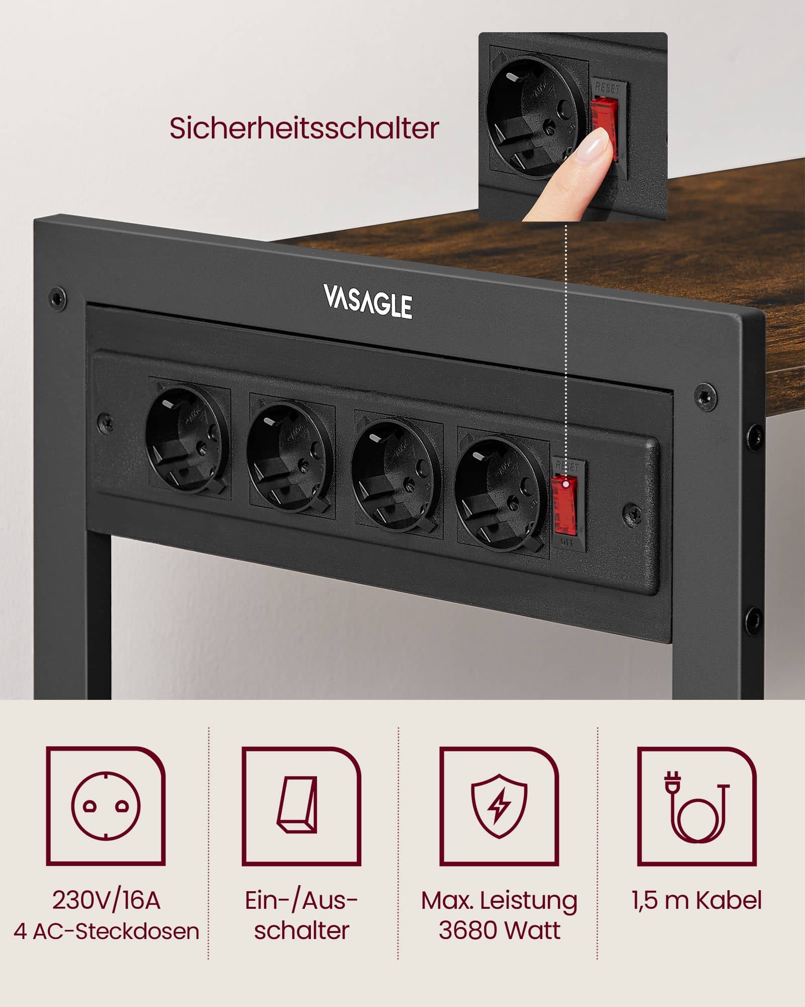 VASAGLE Küchenregal mit Steckdosen Vintagebraun-Schwarz VASAGLE Küchenregal mit Steckdosen Vintagebraun-Schwarz