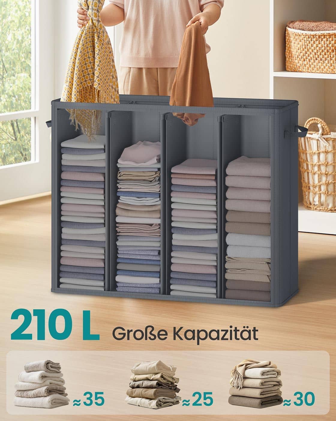 Wäschekorb mit drei Fächern Deckel und waschbarem Innensack Wäschekorb mit drei Fächern Deckel und waschbarem Innensack