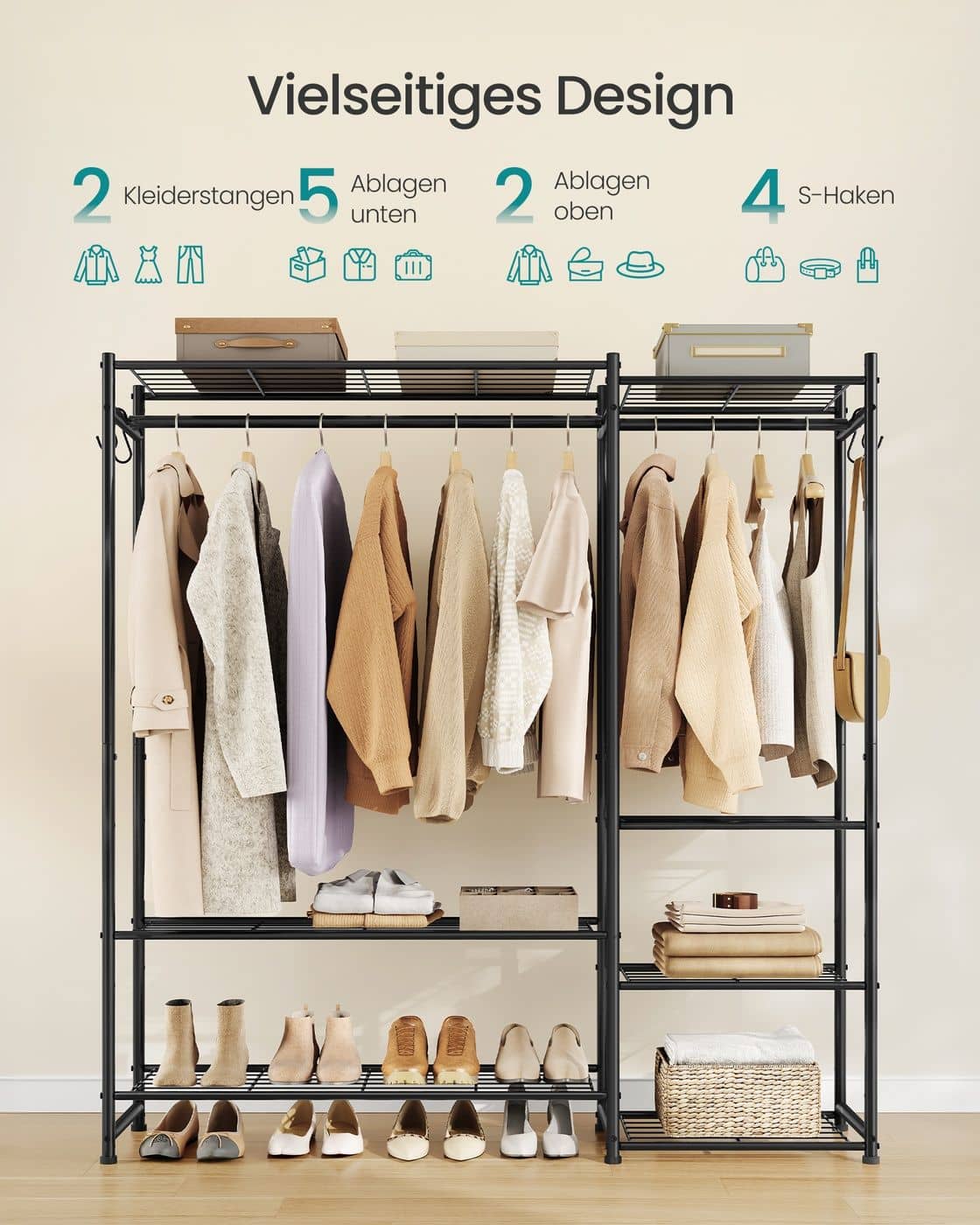 Offener Kleiderschrank mit 7 Ablagen und 2 Kleiderstangen Offener Kleiderschrank mit 7 Ablagen und 2 Kleiderstangen