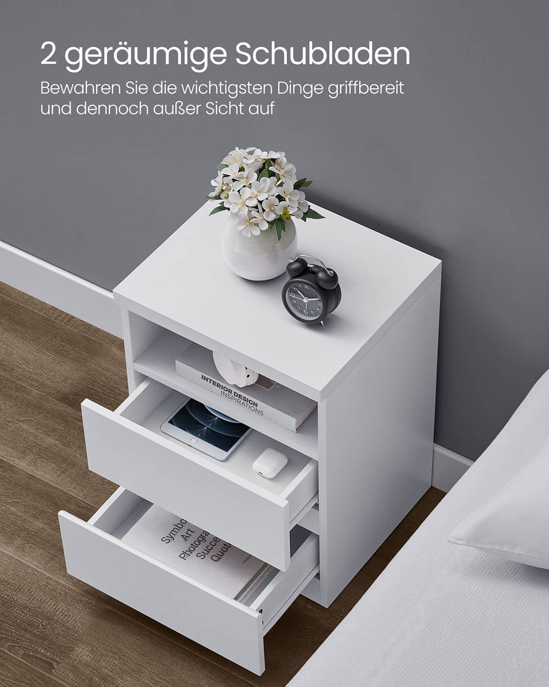 Nachttisch 2er Set mit verstellbarer LED-Beleuchtung wolkenweiß Nachttisch 2er Set mit verstellbarer LED-Beleuchtung wolkenweiß