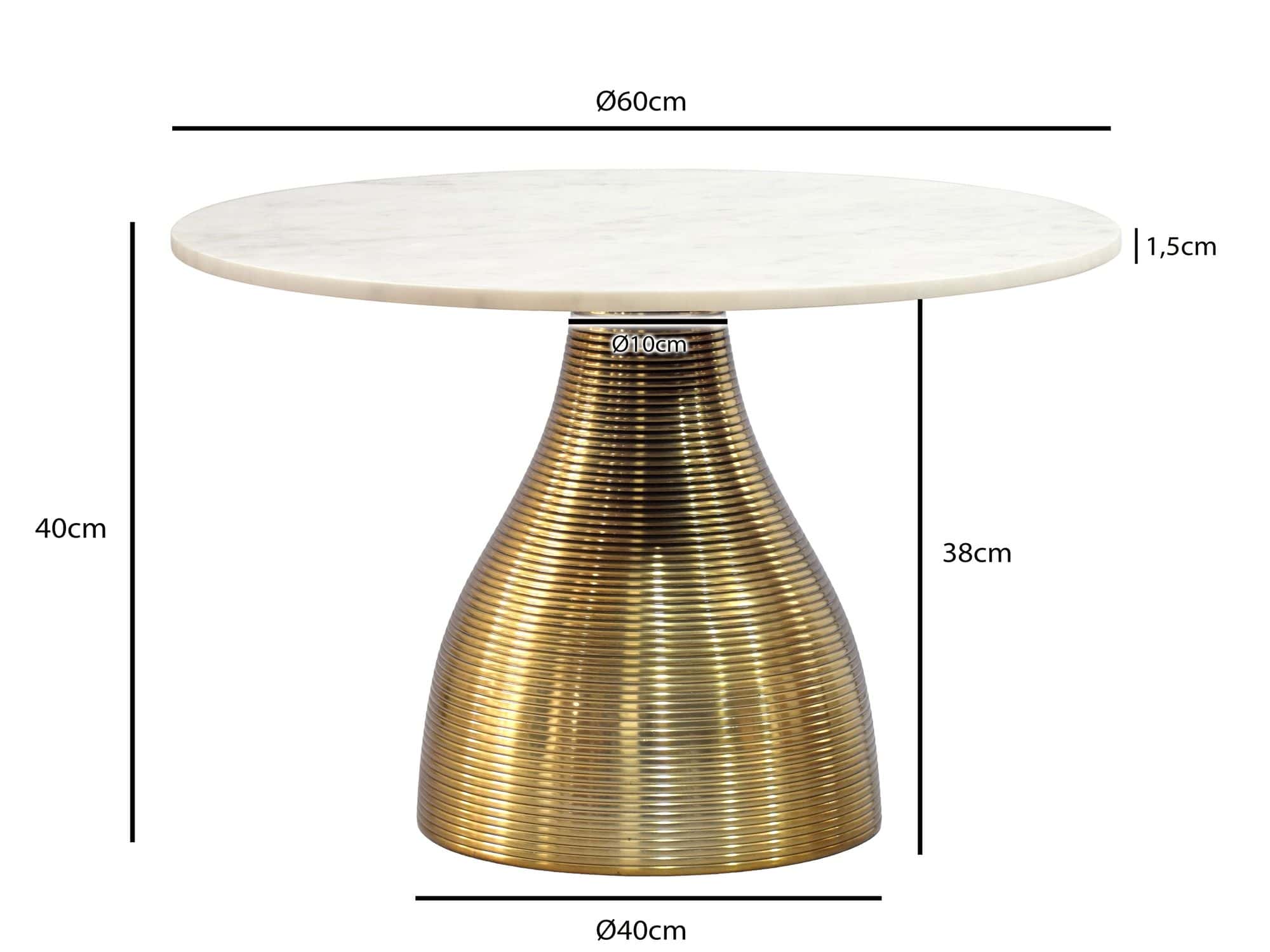 Couchtisch Metall mit weißer Marmor Tischplatte 60cm Rund - Moderner Wohnzimmertisch Aluminium Gold - Design Sofatisch Alu - Loungetisch Rillenoptik - Edler Beistelltisch Handmade