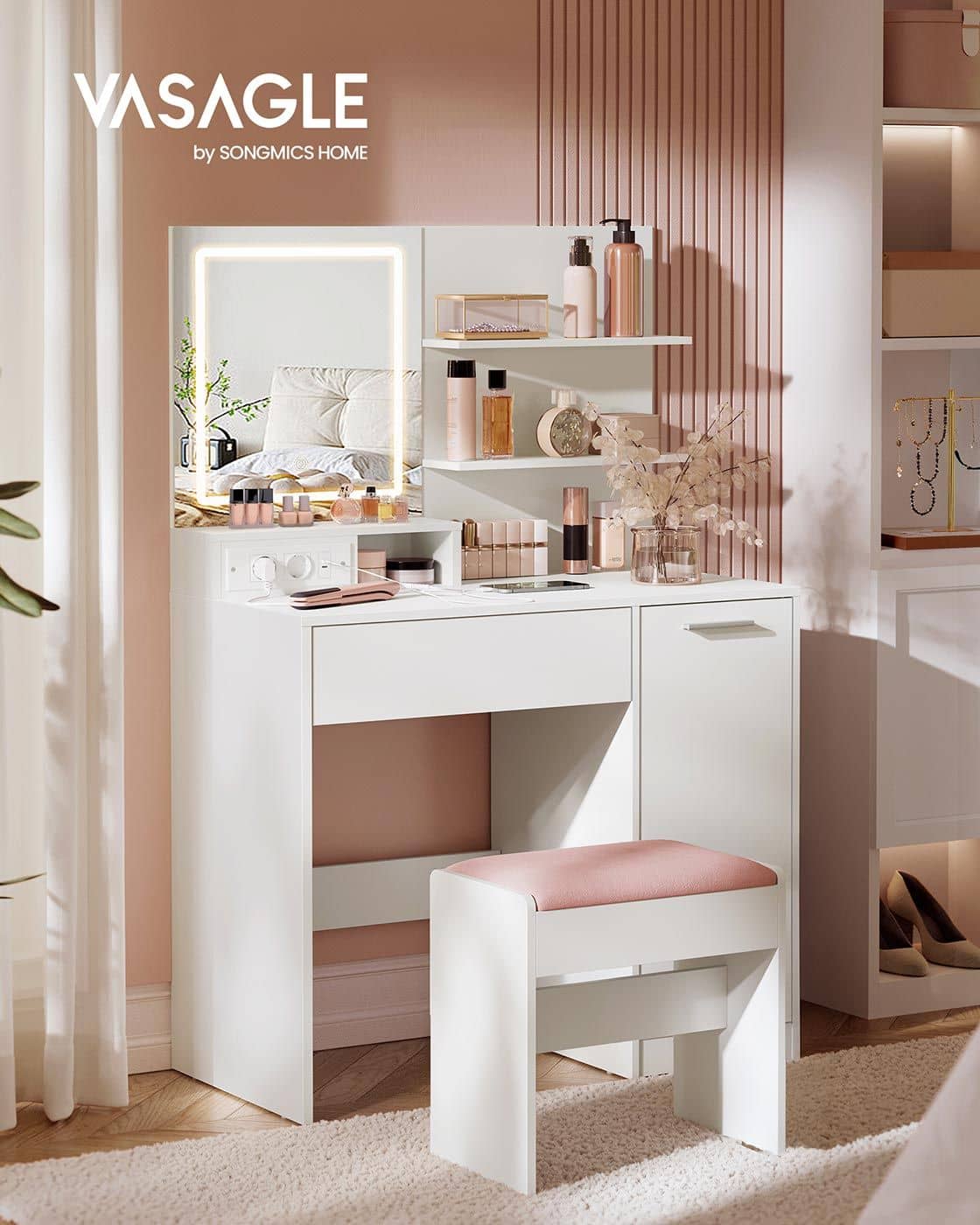 Kailyn Kollektion - Schminktisch mit LED-Spiegel Schublade und offenen Ablagen Kailyn Kollektion - Schminktisch mit LED-Spiegel Schublade und offenen Ablagen