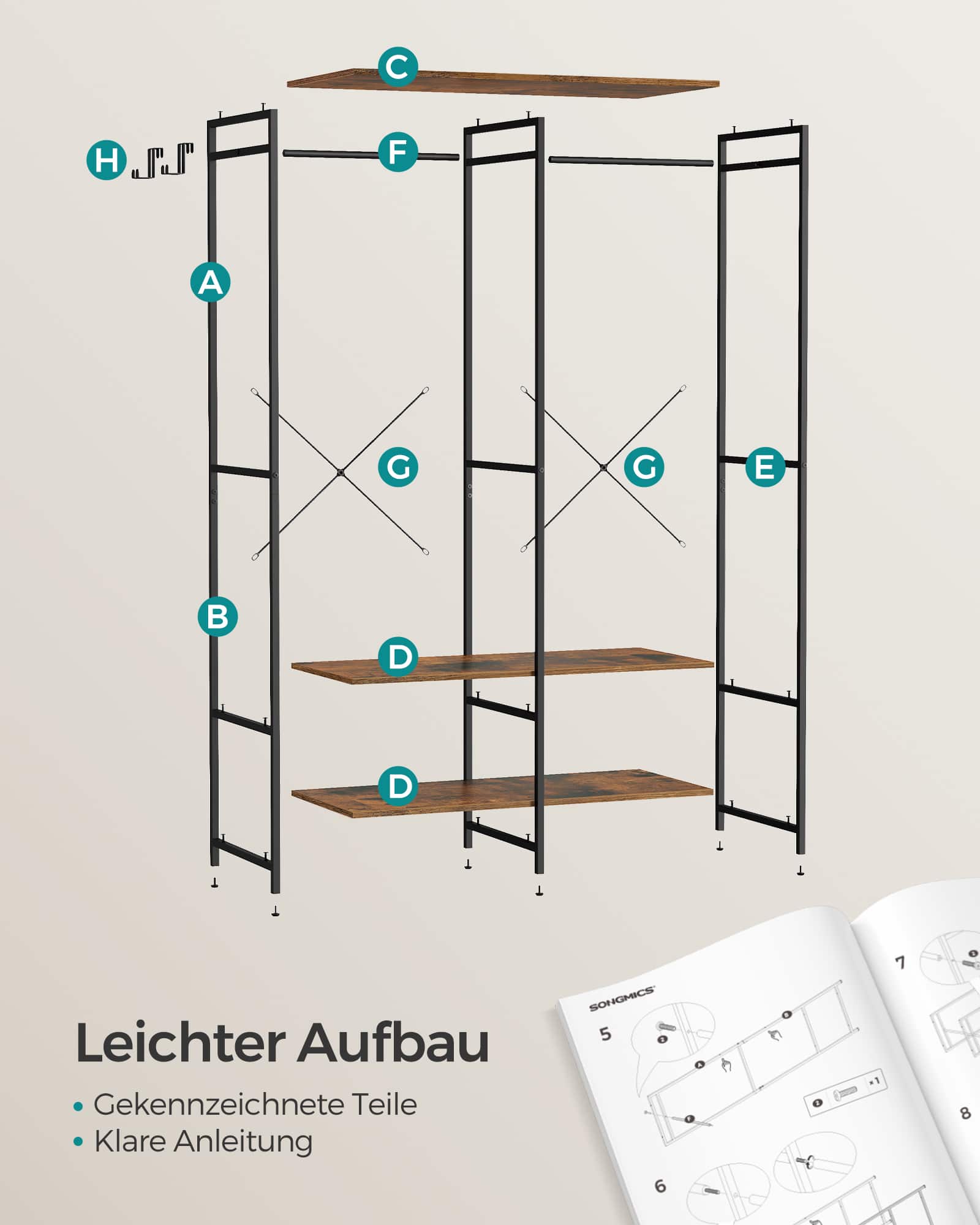 Kleiderschrank offen mit Kleiderstange vintagebraun Kleiderschrank offen mit Kleiderstange vintagebraun