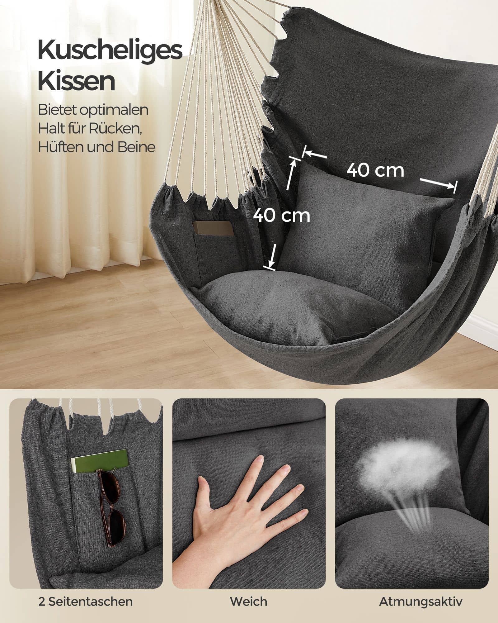 Hängesessel mit 2 Kissen und Metallkette schiefergrau Hängesessel mit 2 Kissen und Metallkette schiefergrau