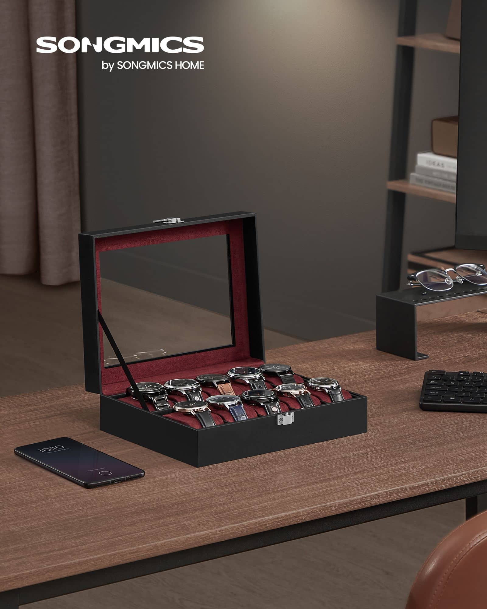 Uhrenbox mit 10 Fächern und Glasdeckel JWB010R01