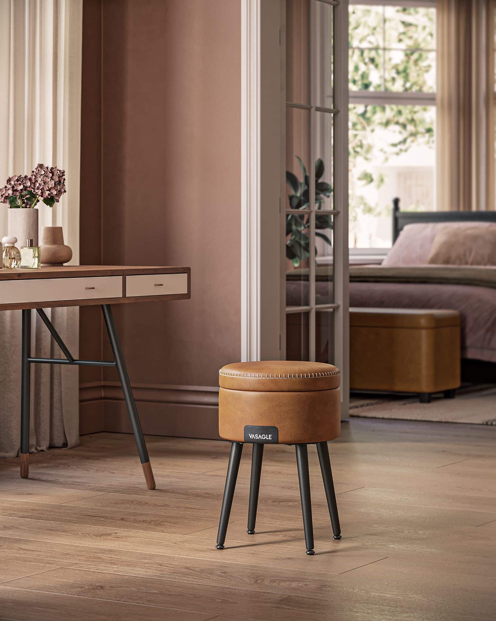 EKHO Kollektion - Sitzbank mit Stauraum Mid-Century-Stil rund karamellbraun EKHO Kollektion - Sitzbank mit Stauraum Mid-Century-Stil rund karamellbraun