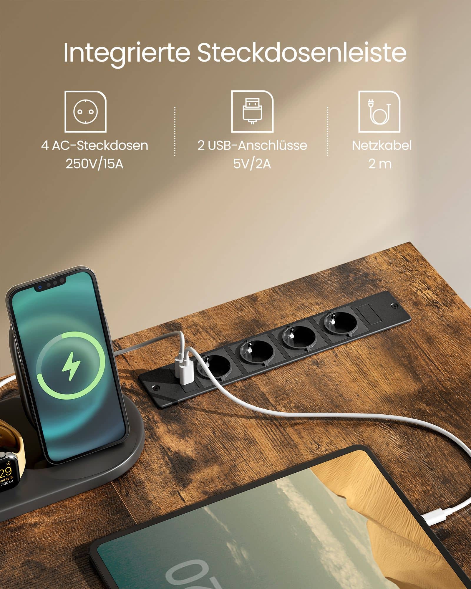 L-förmiger Schreibtisch mit Steckdosen vintagebraun L-förmiger Schreibtisch mit Steckdosen vintagebraun