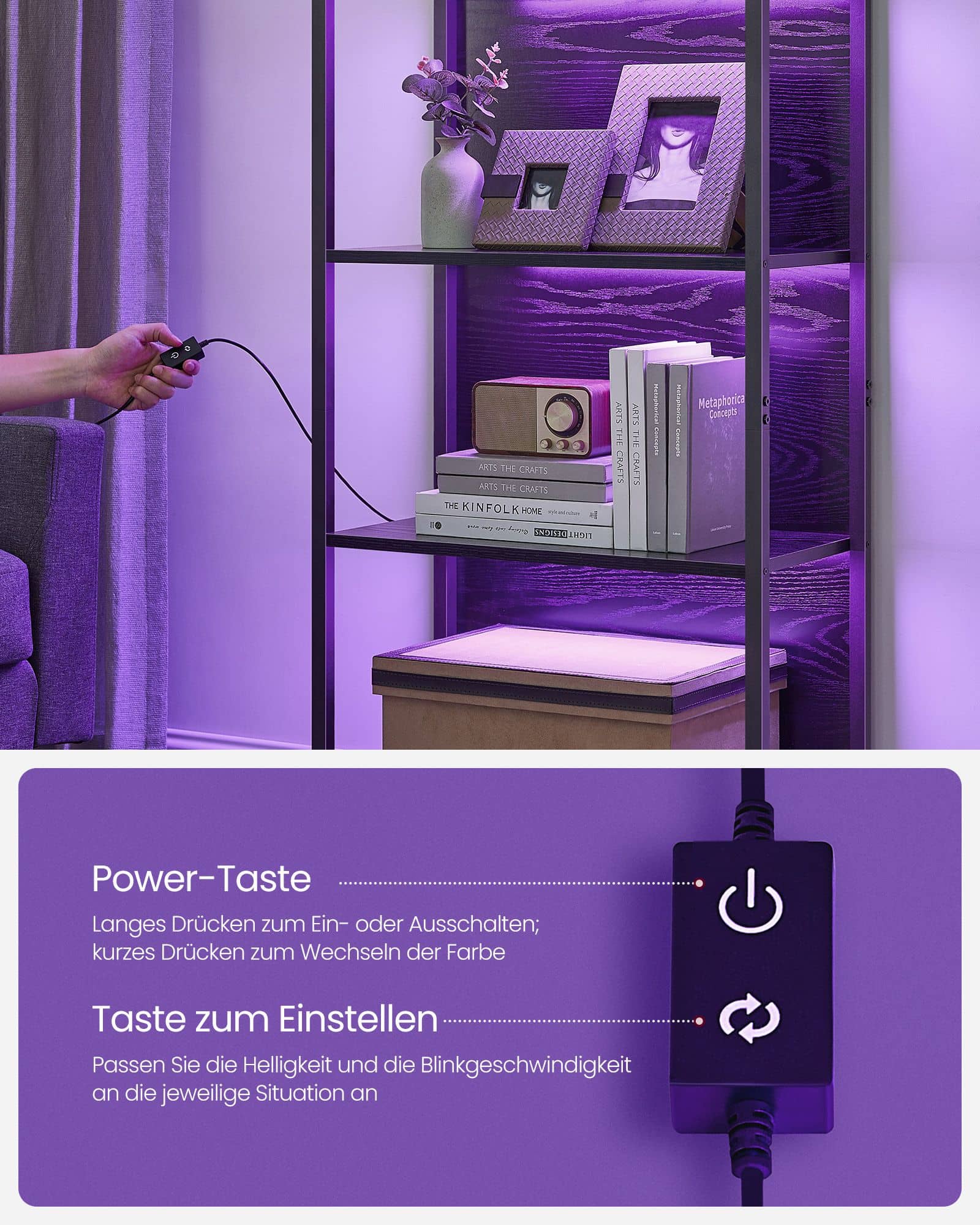 Bücherregal mit 6 Ebenen und Leuchten 30,3 x 60 x 178,6 cm Bücherregal mit 6 Ebenen und Leuchten 30,3 x 60 x 178,6 cm