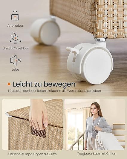Wäschekorb 140 L mit 3 Fächern und Rollen naturbeige-mattweiß Wäschekorb 140 L mit 3 Fächern und Rollen naturbeige-mattweiß