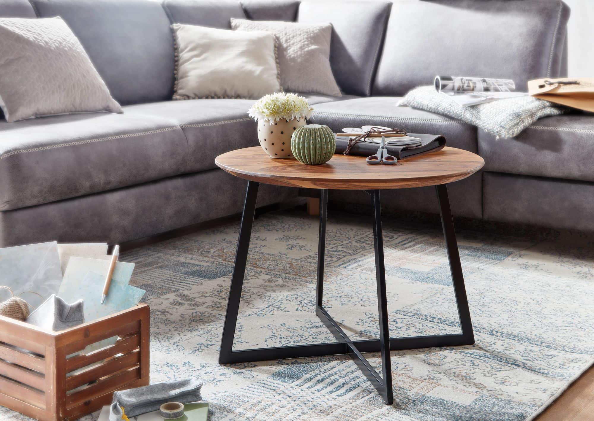 Couchtisch 60x60x45 cm Sheesham Massivholz / Metall Sofatisch Rund Couchtisch 60x60x45 cm Sheesham Massivholz / Metall Sofatisch Rund