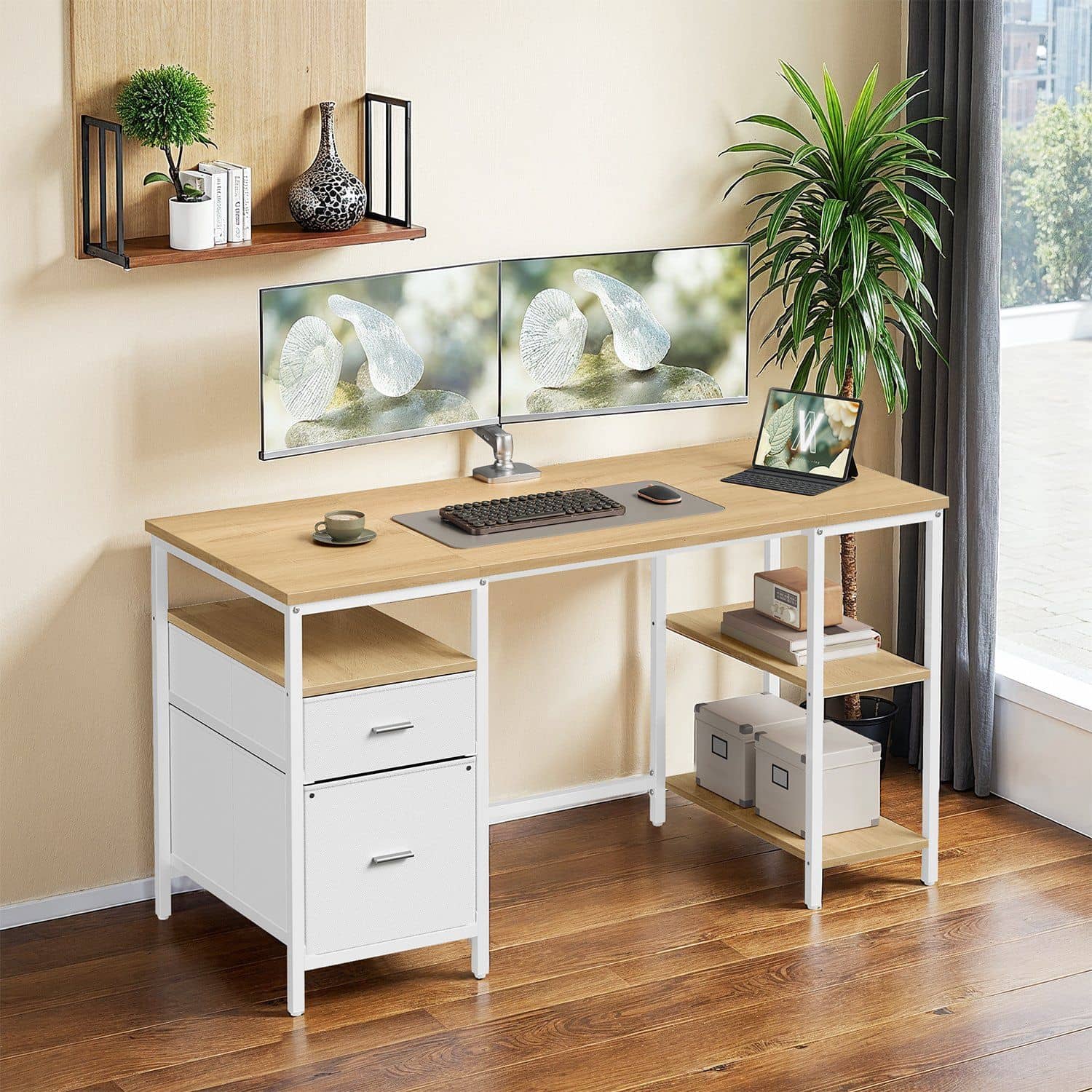 Computertisch mit 3 Ablagen und 2 Schubladen natureichenfarben-perlweiß Computertisch mit 3 Ablagen und 2 Schubladen natureichenfarben-perlweiß