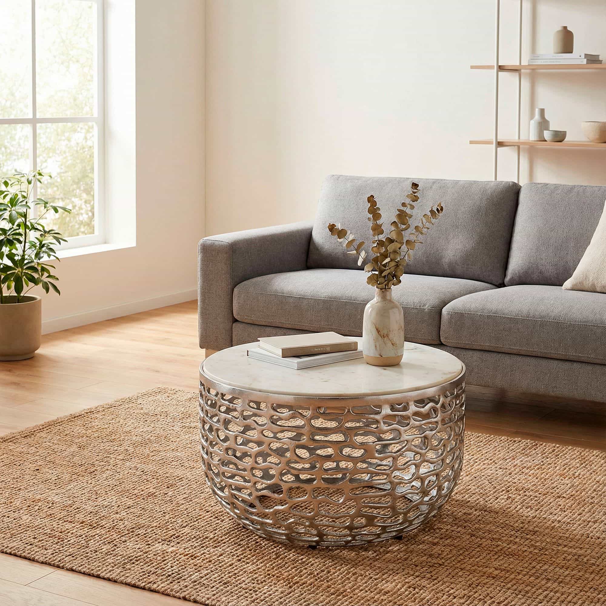 Design Metall Couchtisch Silber mit weißer Marmor Tischplatte 60 cm rund - Aluminium Wohnzimmertisch Modern - Loungetisch Alu Beistelltisch Wohnzimmer Handmade Design Metall Couchtisch Silber mit weißer Marmor Tischplatte 60 cm rund - Aluminium Wohnzimmertisch Modern - Loungetisch Alu Beistelltisch Wohnzimmer Handmade