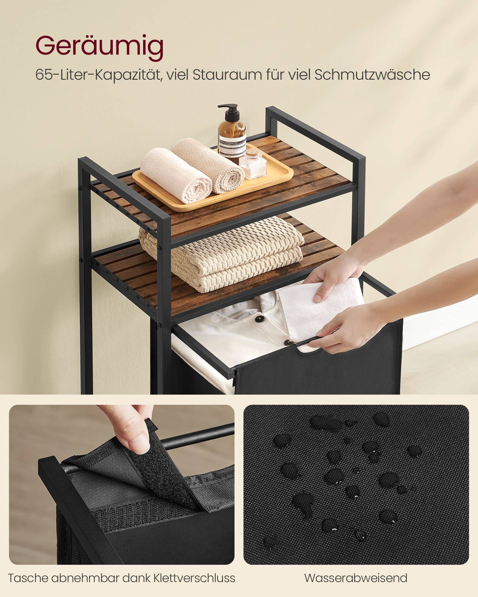 Wäschekorb mit 2 Ablagen 65 Liter vintagebraun-schwarz Wäschekorb mit 2 Ablagen 65 Liter vintagebraun-schwarz