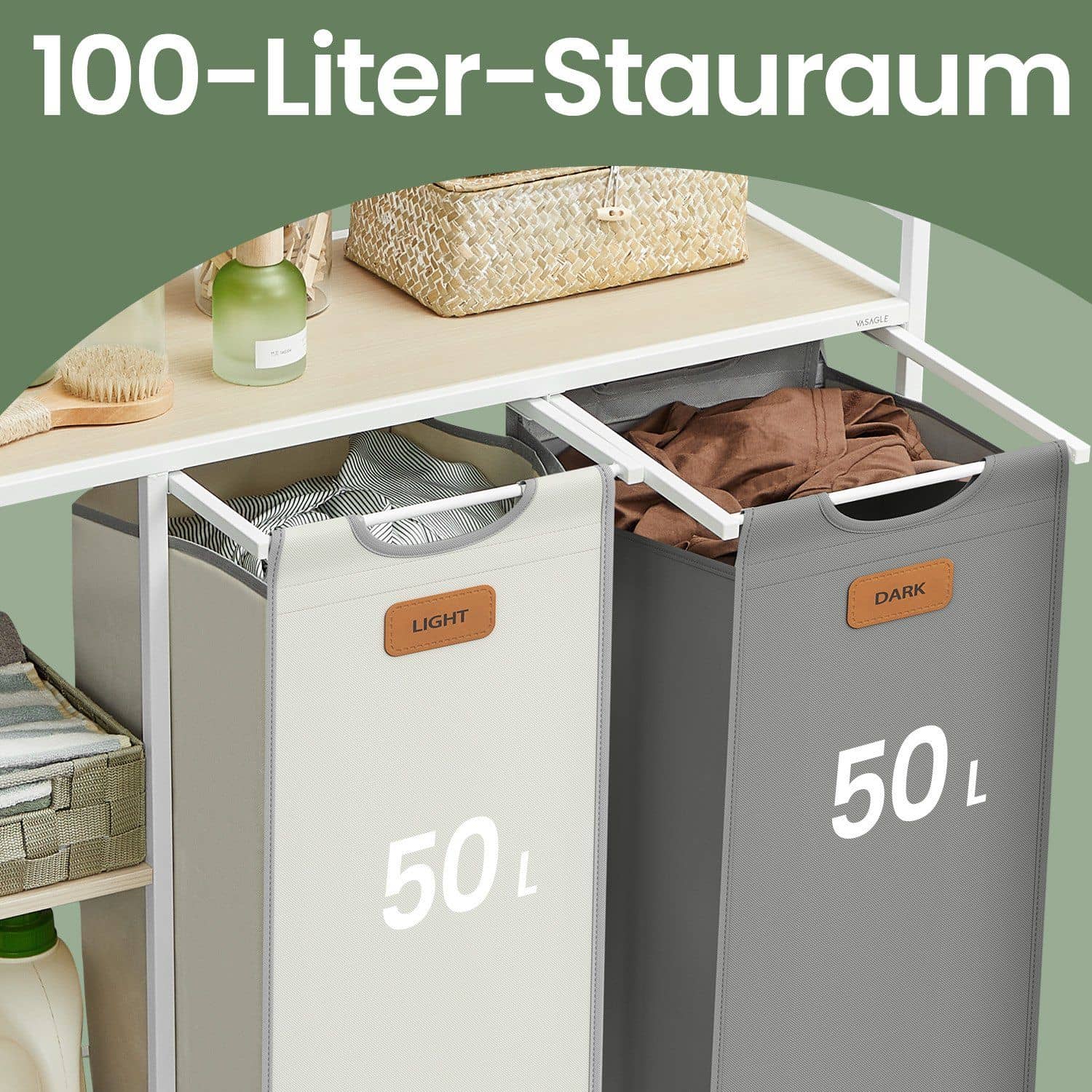 Wäschekorb 2 Fächer, Wäschesammler 100 L, Wäschesortierer