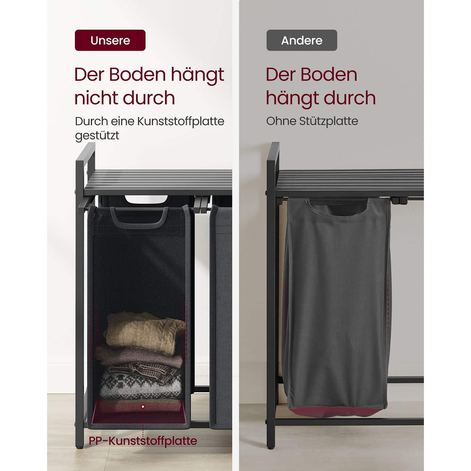 Wäschekorb 3 x 38 L mit 1 Ablage schwarz-grau-B34BLH301G01 Wäschekorb 3 x 38 L mit 1 Ablage schwarz-grau-B34BLH301G01