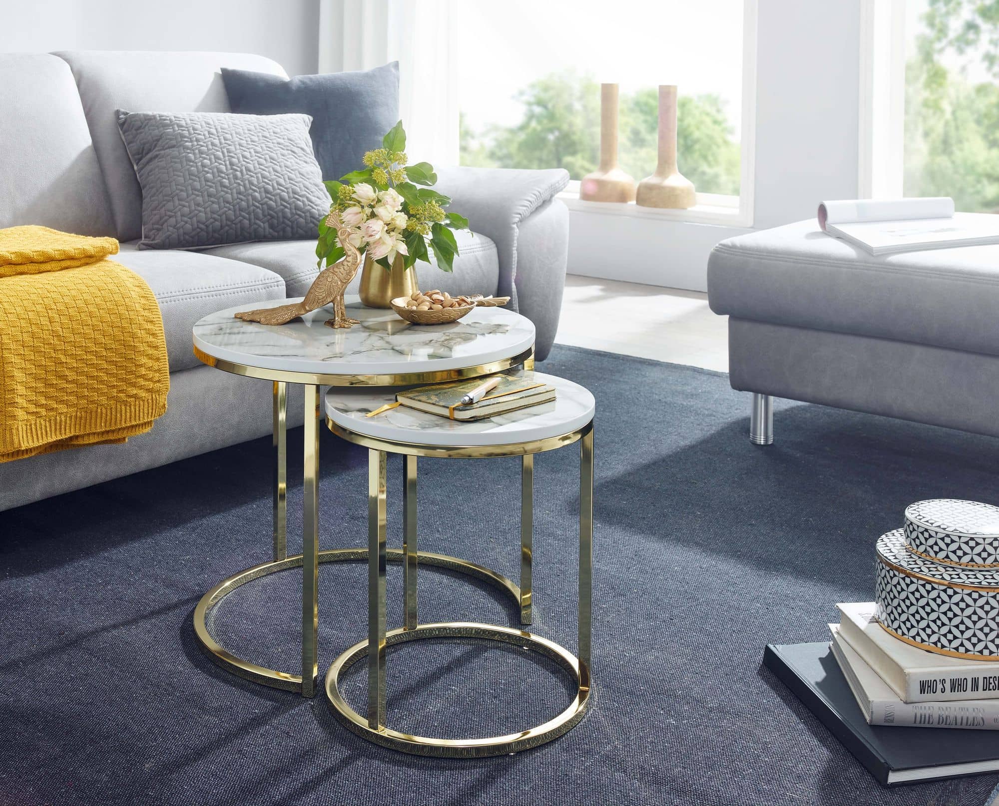 Design Beistelltisch 2er Set Weiß Marmor Optik Rund