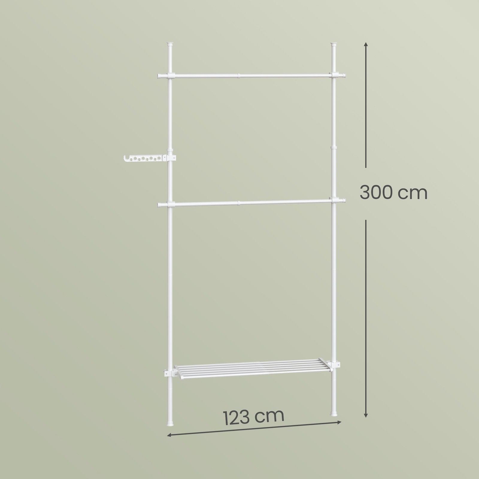 3-stufiger Kleiderständer, höhen- und breitenverstellbar, offene Garderobe mit 2 Kleiderstangen und 1 Ablage 3-stufiger Kleiderständer, höhen- und breitenverstellbar, offene Garderobe mit 2 Kleiderstangen und 1 Ablage