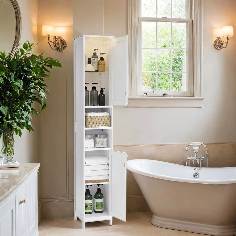 Hochschrank für Badezimmer mit Beleuchtung, verstellbaren Einlegeböden, offenen Fächern Hochschrank für Badezimmer mit Beleuchtung, verstellbaren Einlegeböden, offenen Fächern