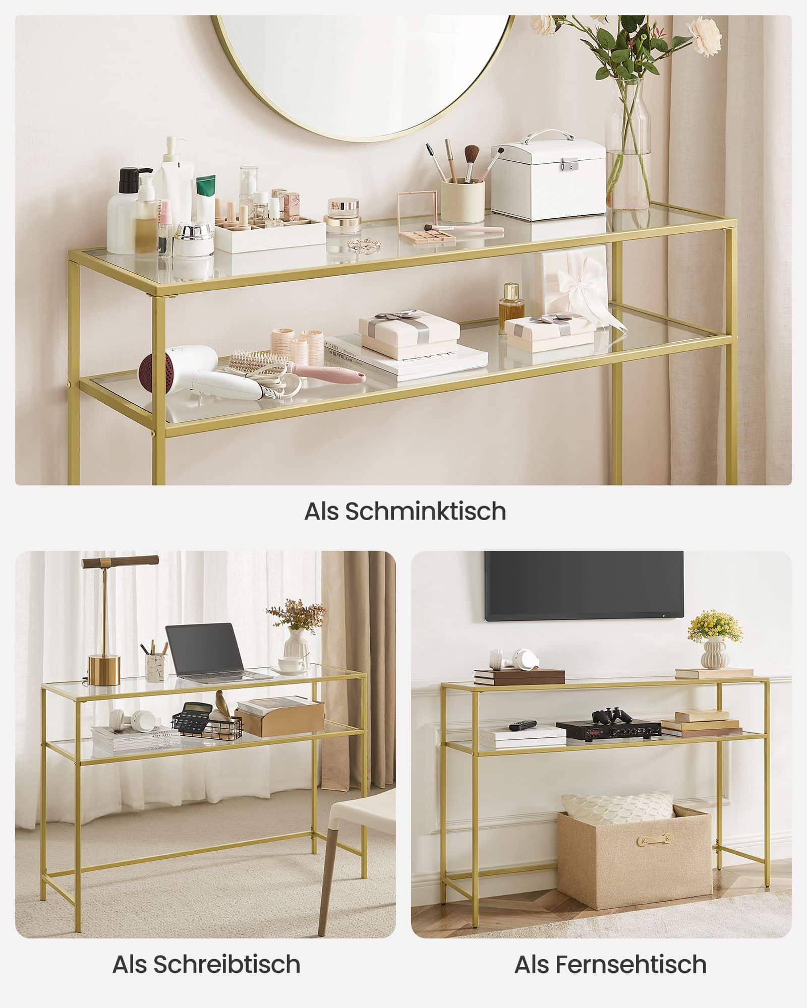 Konsolentisch modern verstellbar goldfarben-transparent Konsolentisch modern verstellbar goldfarben-transparent