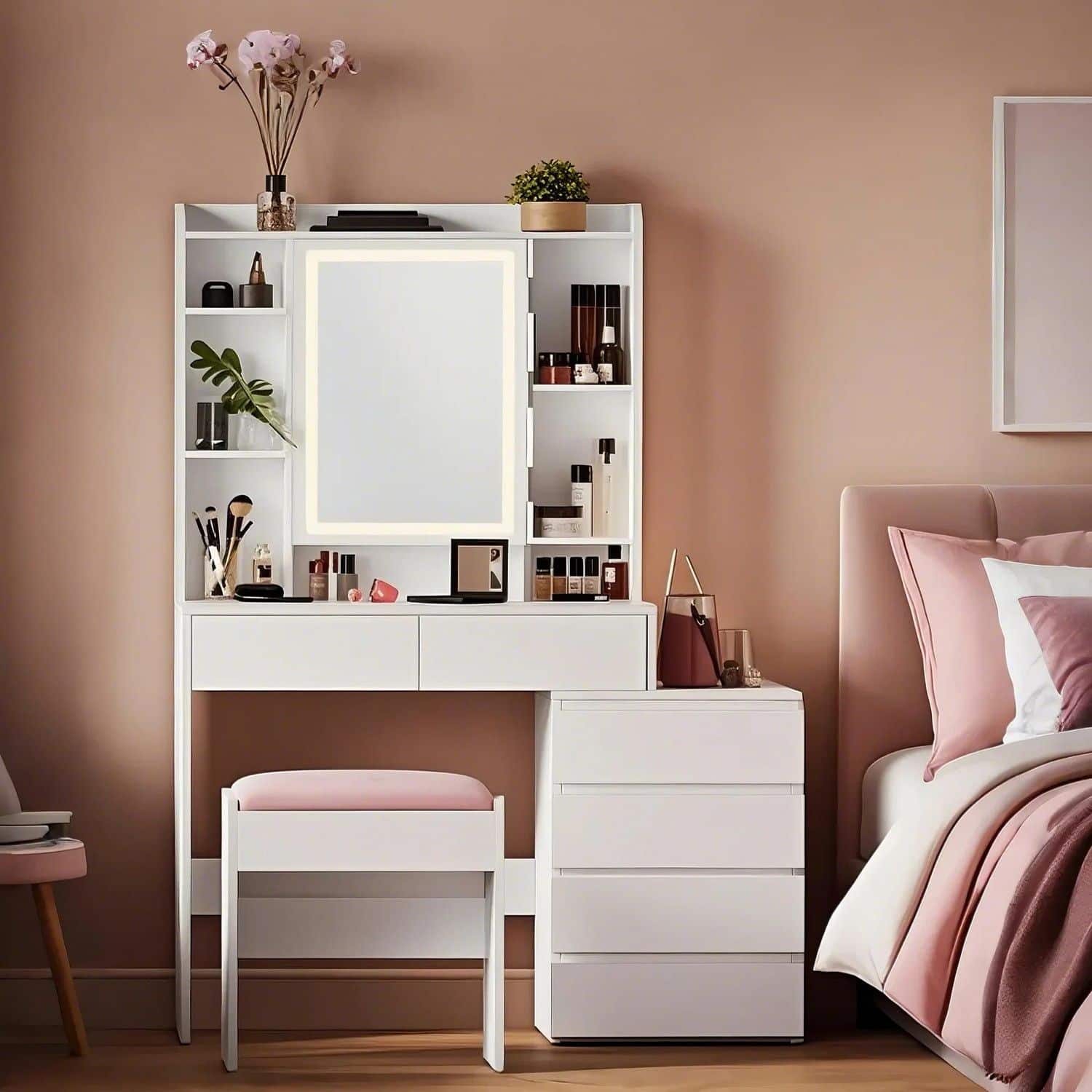 Frisiertisch mit Hocker, Schminktisch mit Spiegel, LED-Licht Frisiertisch mit Hocker, Schminktisch mit Spiegel, LED-Licht