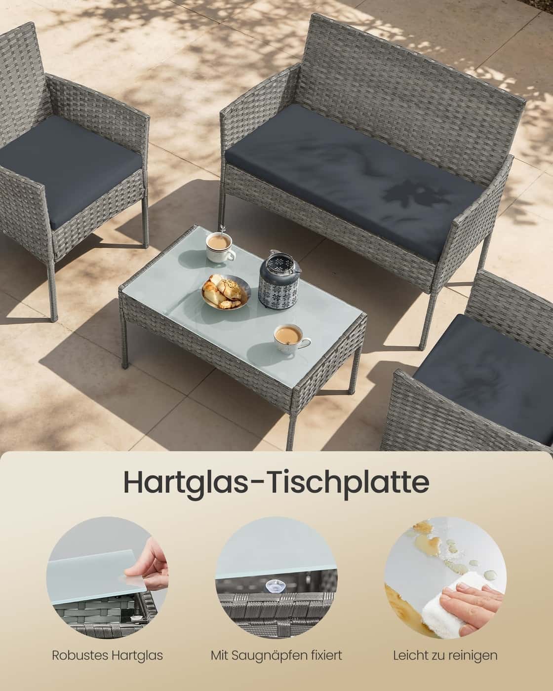 Gartenmöbel Set aus Polyrattan für Terrasse und Balkon grau