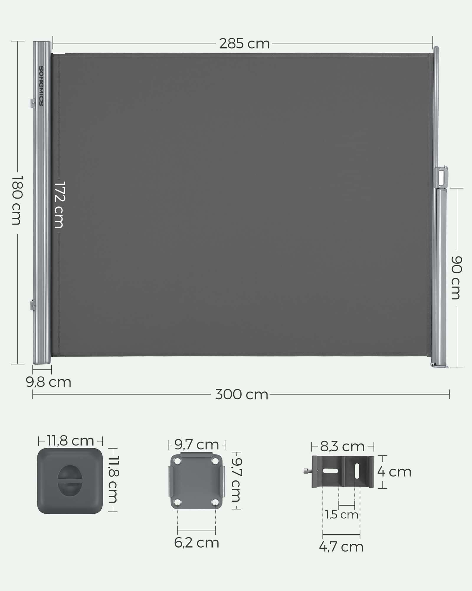 Seitenmarkise 180 x 300 cm Rauchgrau