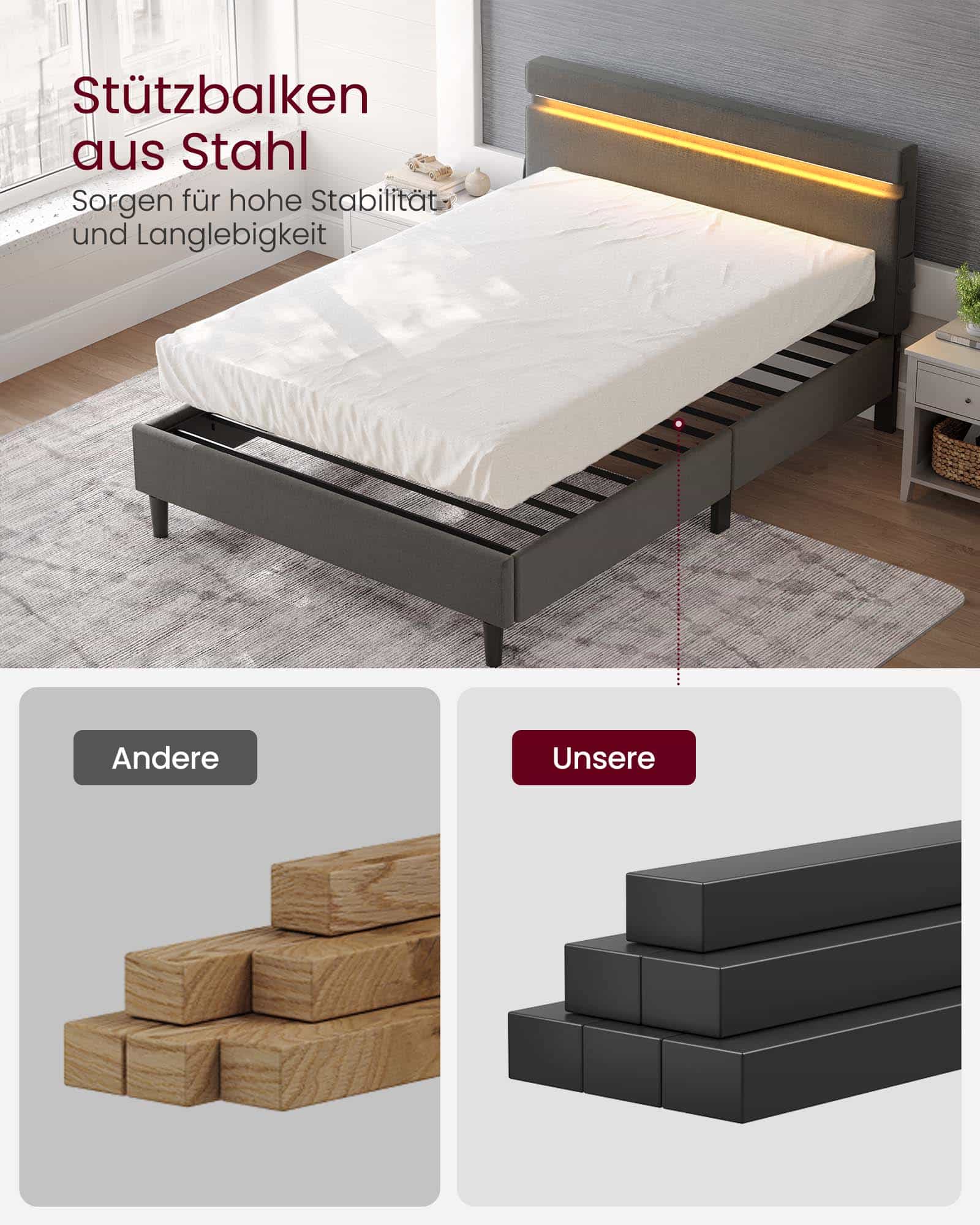 Doppelbett aus Metall 140 x 200 cm LED-Beleuchtung dunkelgrau Doppelbett aus Metall 140 x 200 cm LED-Beleuchtung dunkelgrau