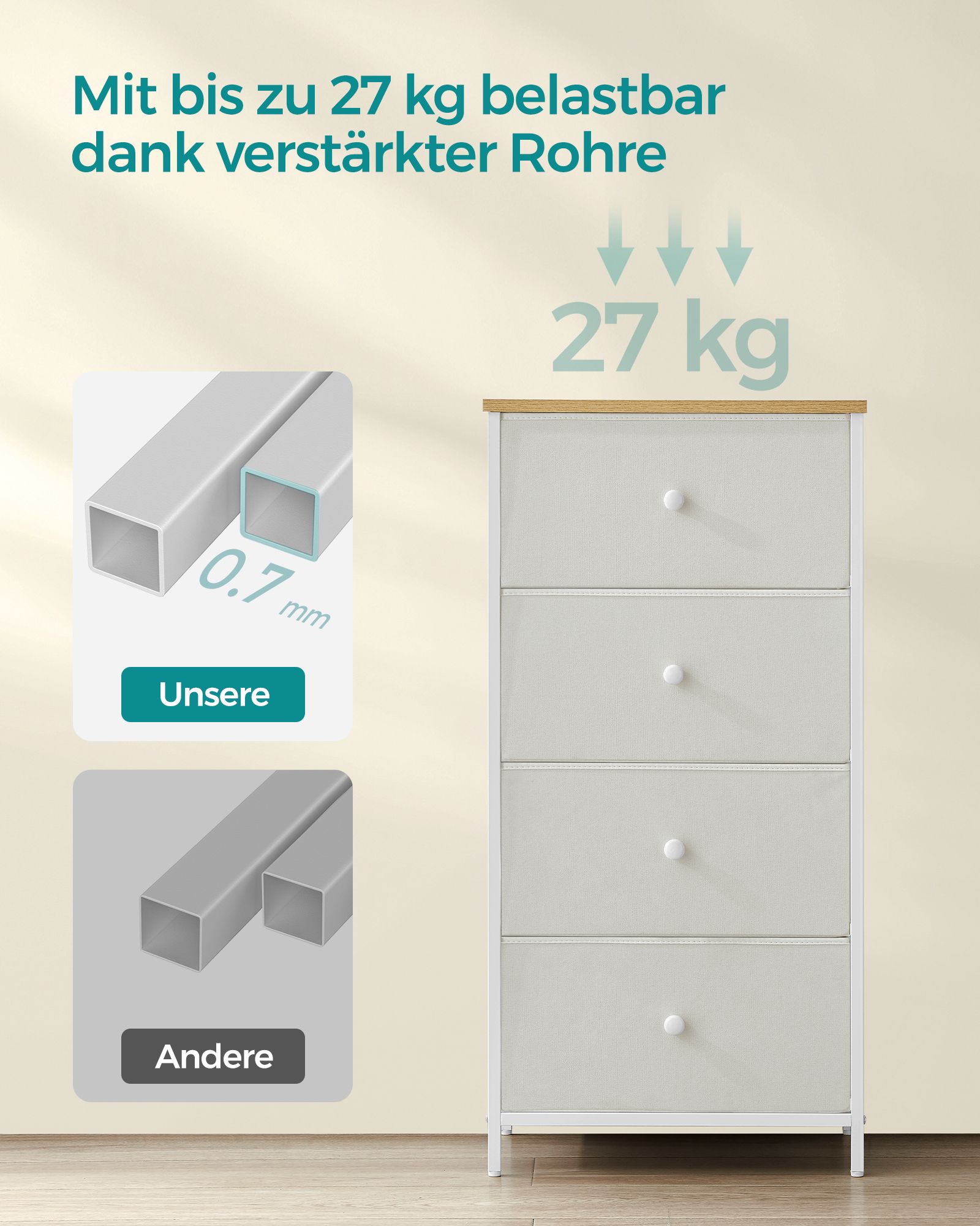 Kommode mit 4 Stoff-Schubladen und Metallrahmen weiß-eichenfarben Kommode mit 4 Stoff-Schubladen und Metallrahmen weiß-eichenfarben