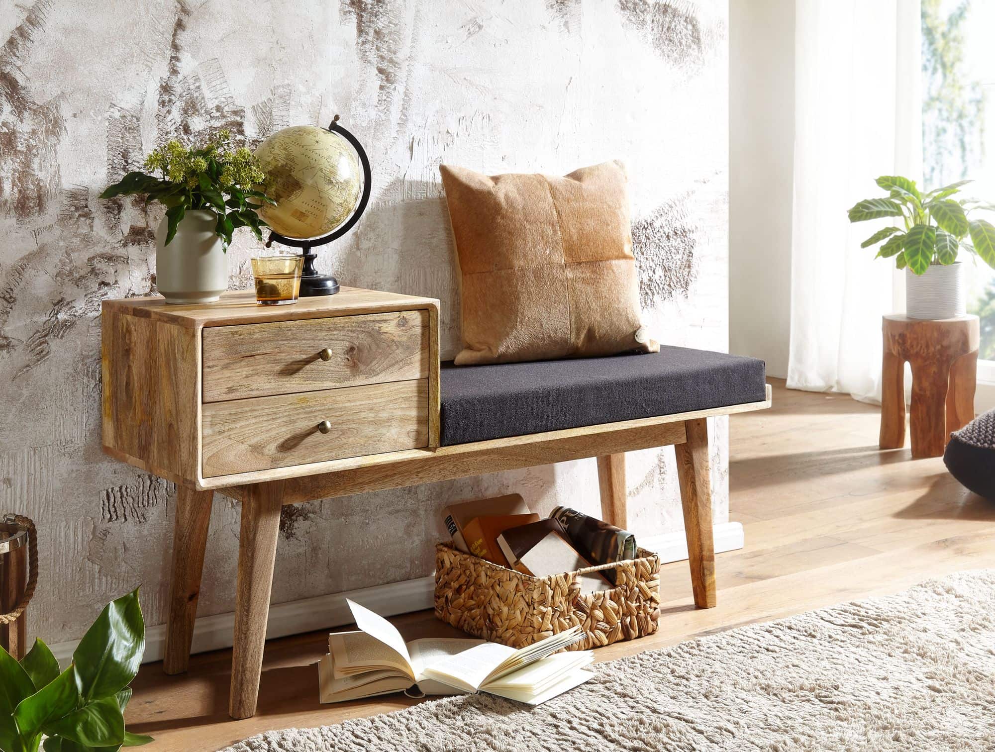 64428-Wohnling-Sitzbank-mit-2-Schublaeden-und-schwarzen-Stoffbezug-120x40x65-cm-WL6-485-WL6-485_2 Sitzbank Stoff / Massivholz Bank 120x65x40 cm im Retro Stil