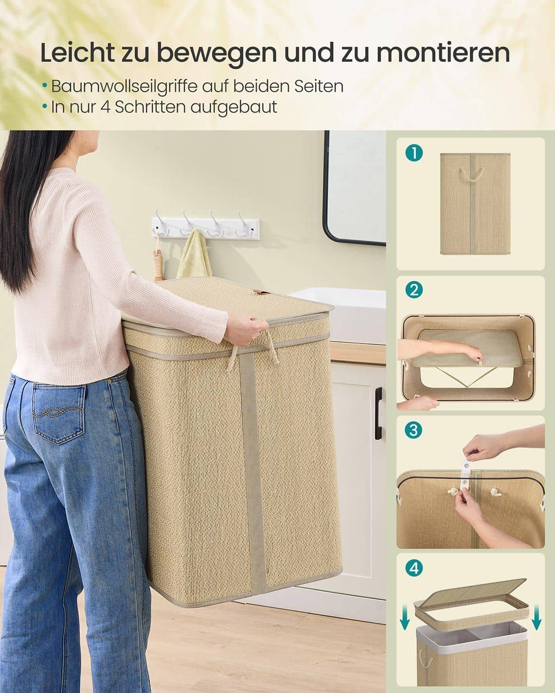 Wäschekorb 130 Liter aus Bambus mit 2 Fächern und Deckel naturfarben Wäschekorb 130 Liter aus Bambus mit 2 Fächern und Deckel naturfarben