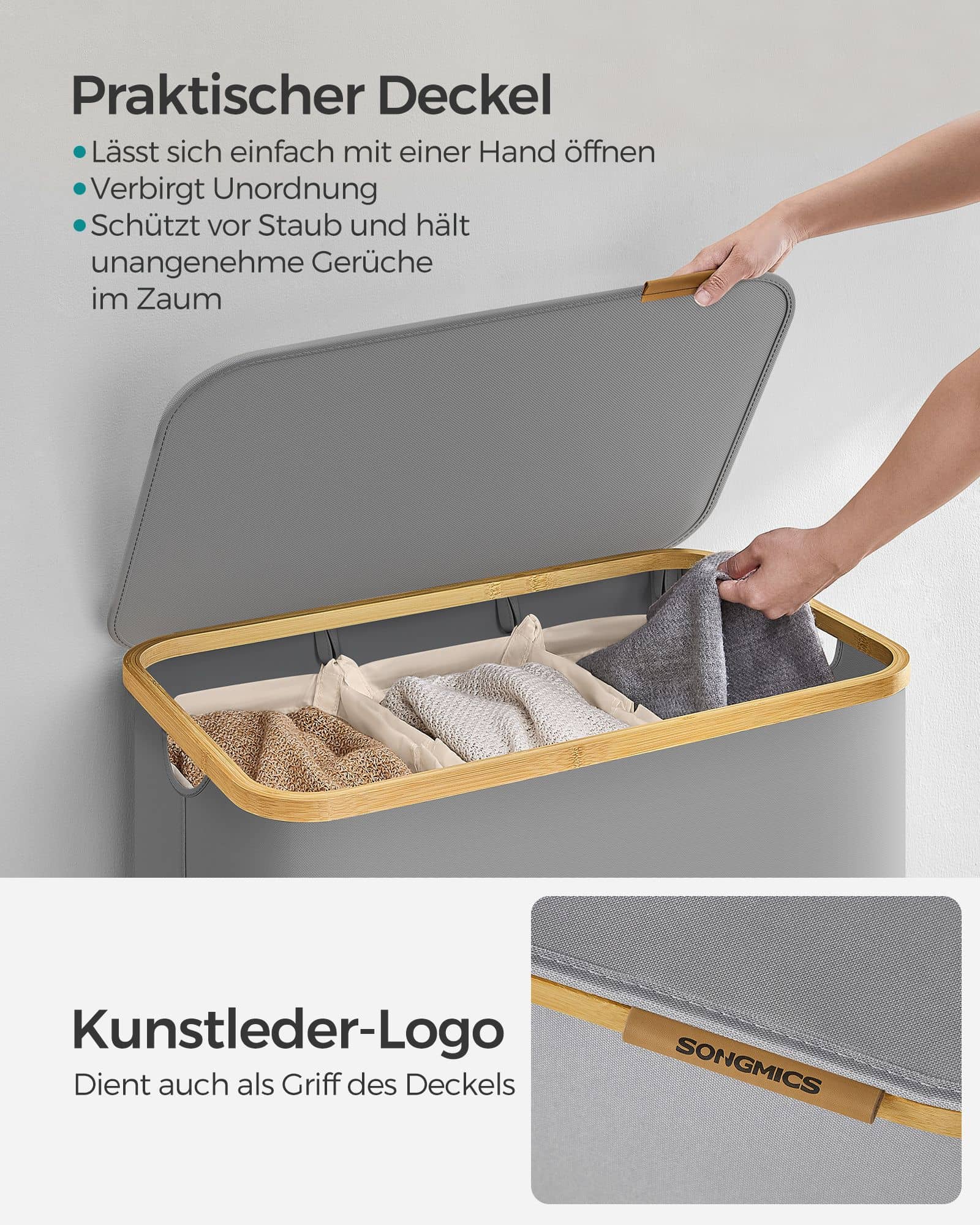 Wäschekorb 3 Fächer mit Griffen aus Bambus taubengrau