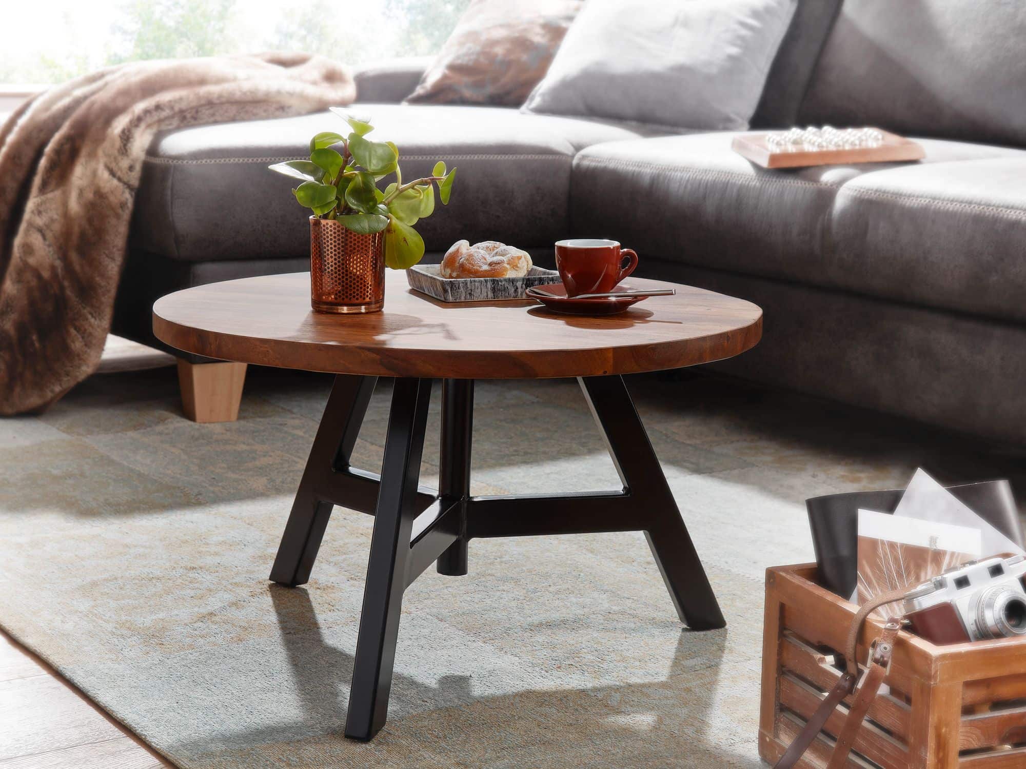 Couchtisch 60x60x35 cm Sheesham Massivholz / Metall Sofatisch Rund Couchtisch 60x60x35 cm Sheesham Massivholz / Metall Sofatisch Rund