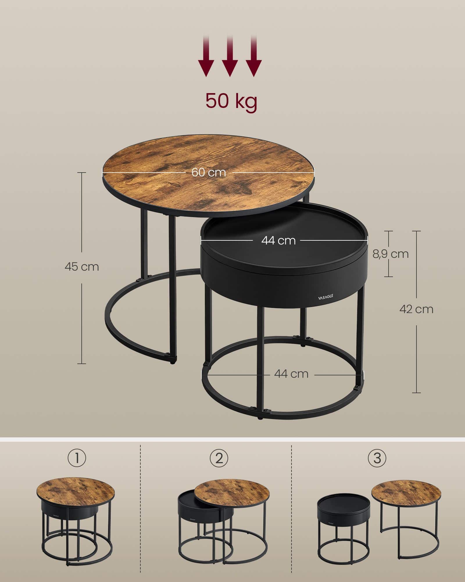 Couchtisch rund 2er Set vintagebraun-tintenschwarz