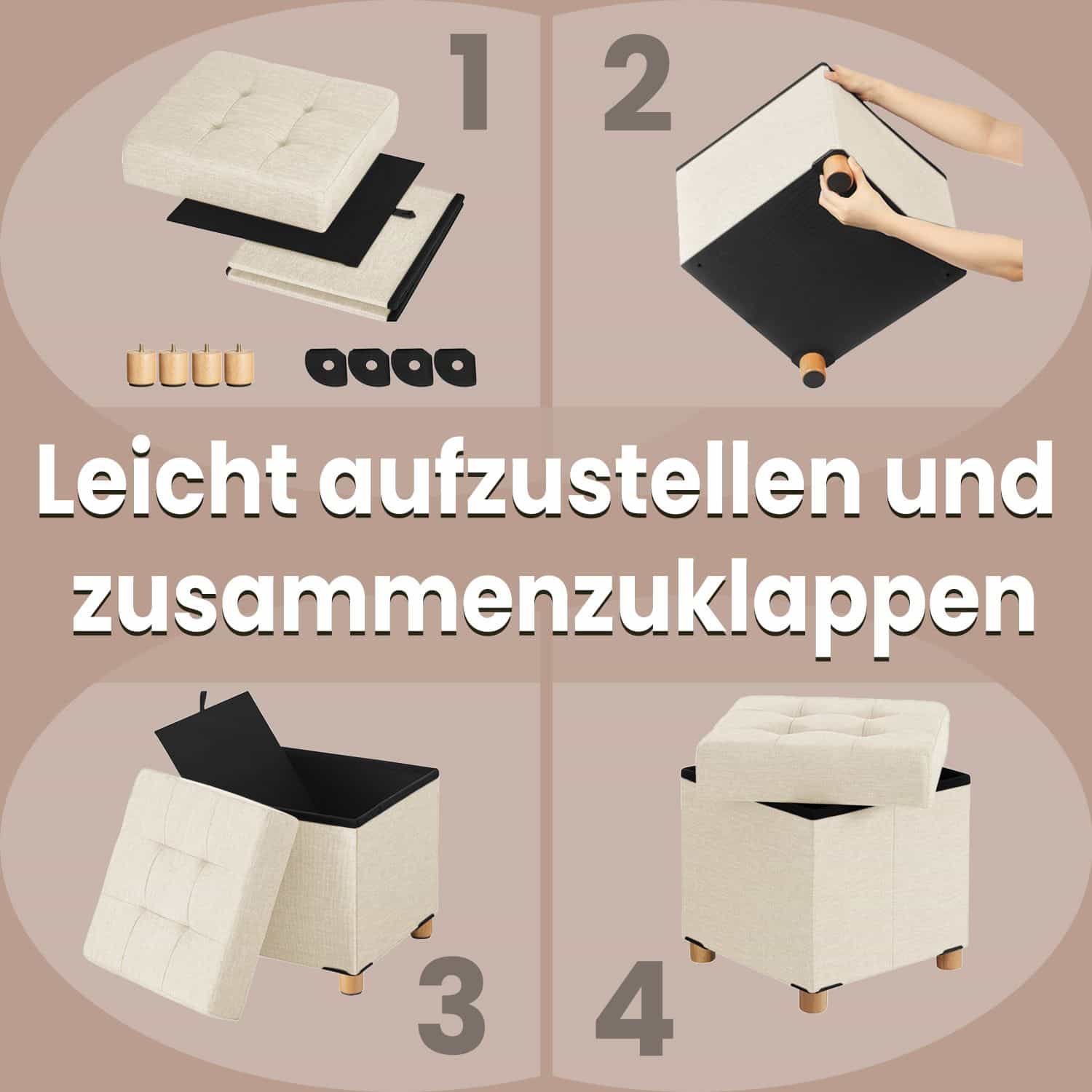 Sitzhocker mit Stauraum, kleine klappbare Sitzbank, 38 x 38 x 40 cm